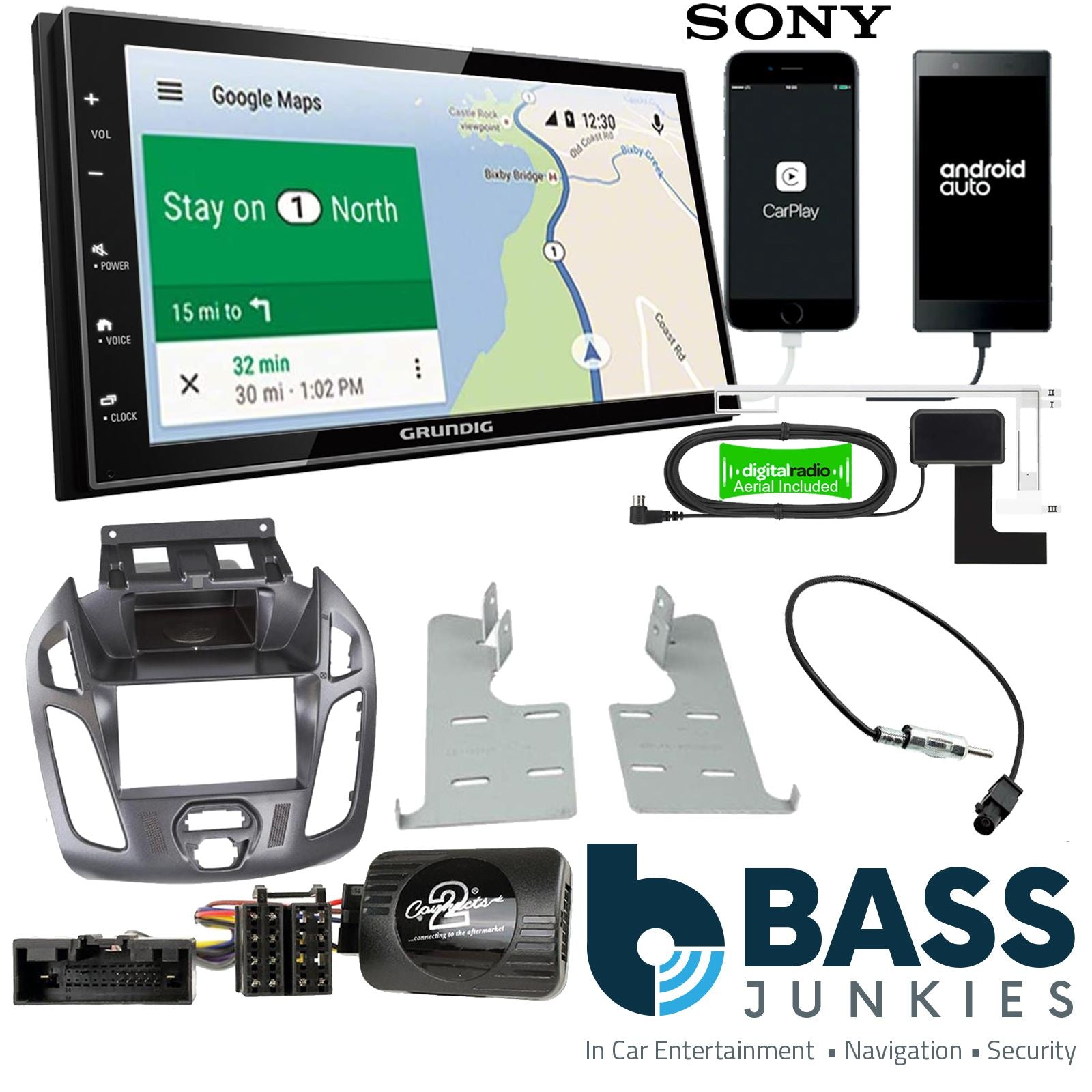 Grundig 6.8" Apple Android Double Din Stereo Fitting Kit + Steering Wheel Stalk Controls to fit Ford Transit-Connect 13-21