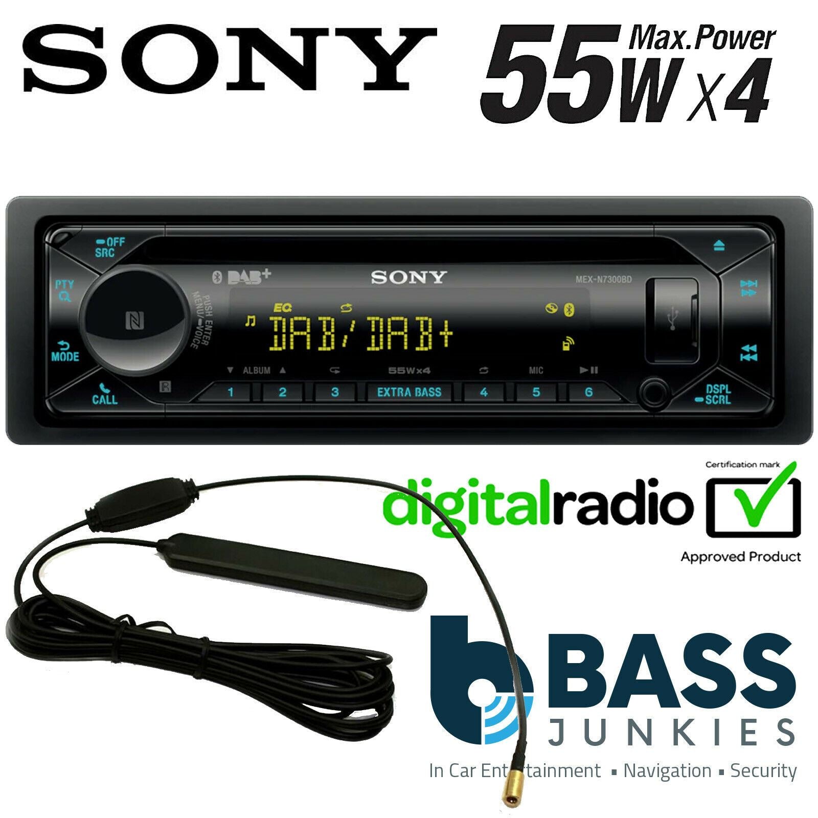 Sony MEX-N7300BD + DAB Aerial Multi Colour Display Car Stereo (DAB | Radio | CD | MP3 | Bluetooth | USB | Aux-In) Allows iPhone and iPod control through USB. Amplified 4x 55watts.