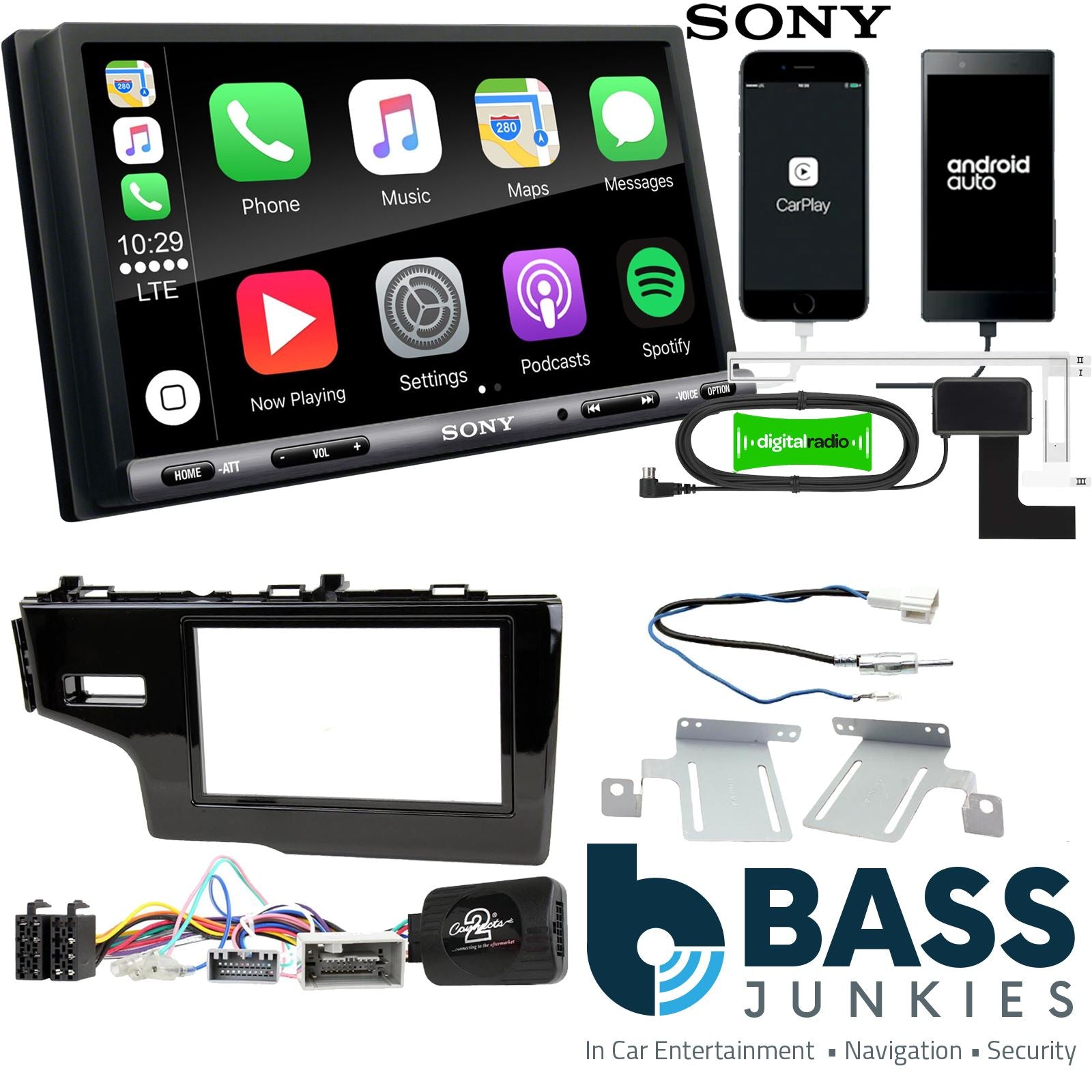 SONY DAB+ Apple | Android Double Din Stereo Fitting Kit + Steering Wheel Stalk Controls to fit Honda Fit 2014- | Honda Jazz 2014-