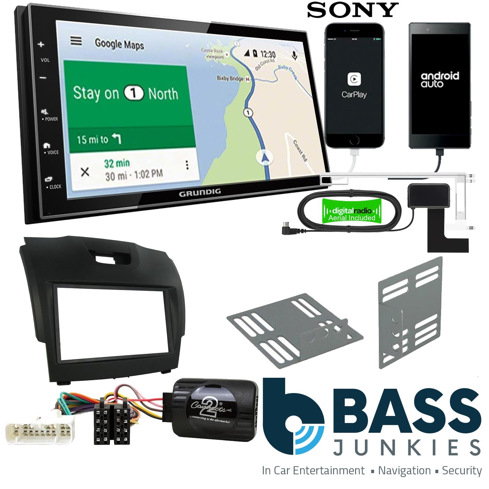 Grundig 6.8" Apple Android Double Din Stereo Fitting Kit + Steering Wheel Stalk Controls to fit Chevrolet S-10 2012-21 | Chevrolet Colorado 2012-20 | Chevrolet Trailblazer 2012-21