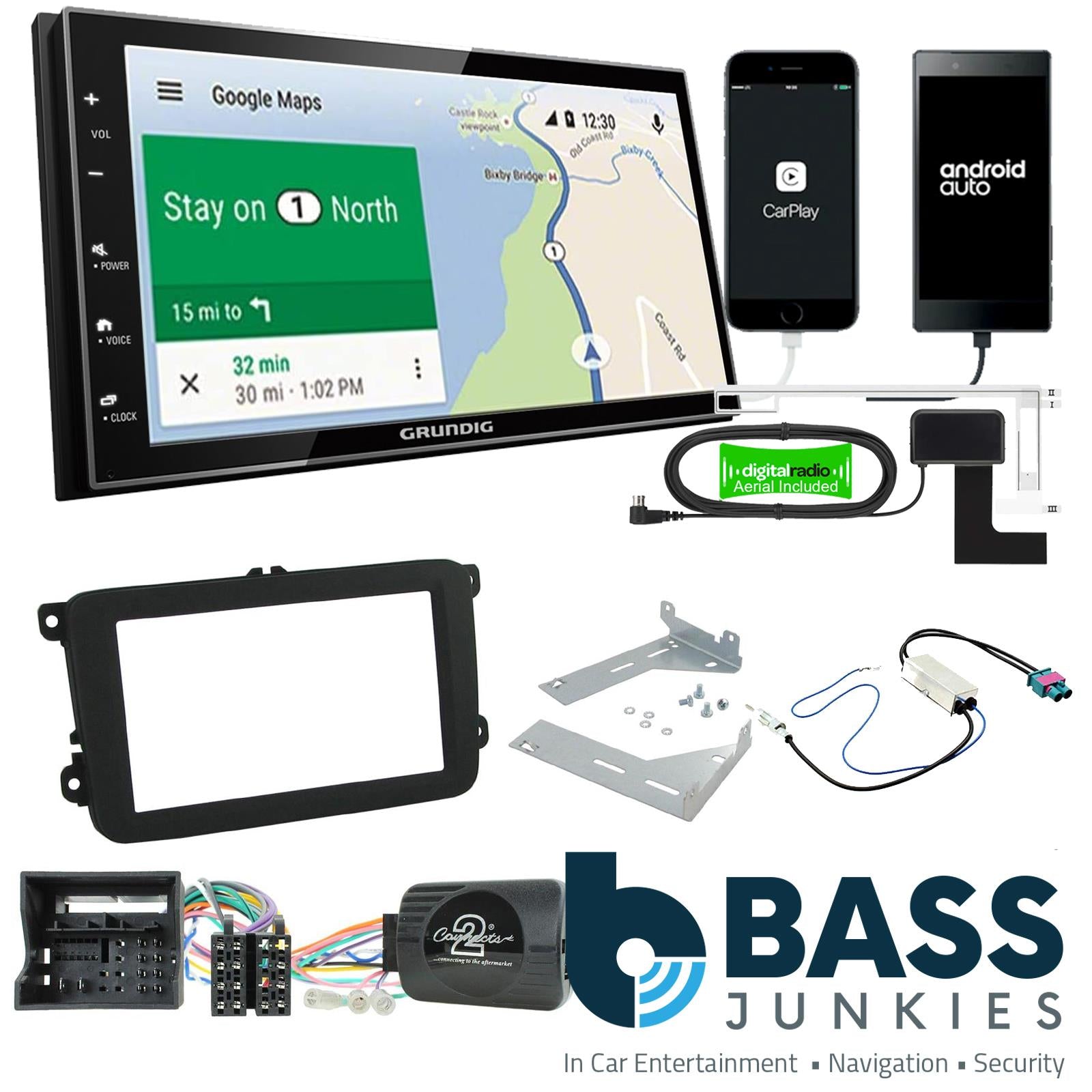 Grundig 6.8" Apple Android Double Din Stereo & Fitting Kit + Steering Wheel Stalk Controls to fit VW Caddy 15-20 | Transporter T6 15- | Beetle 15- | Jetta 11-18 | Tiguan 15-20 | Sharan 15-21