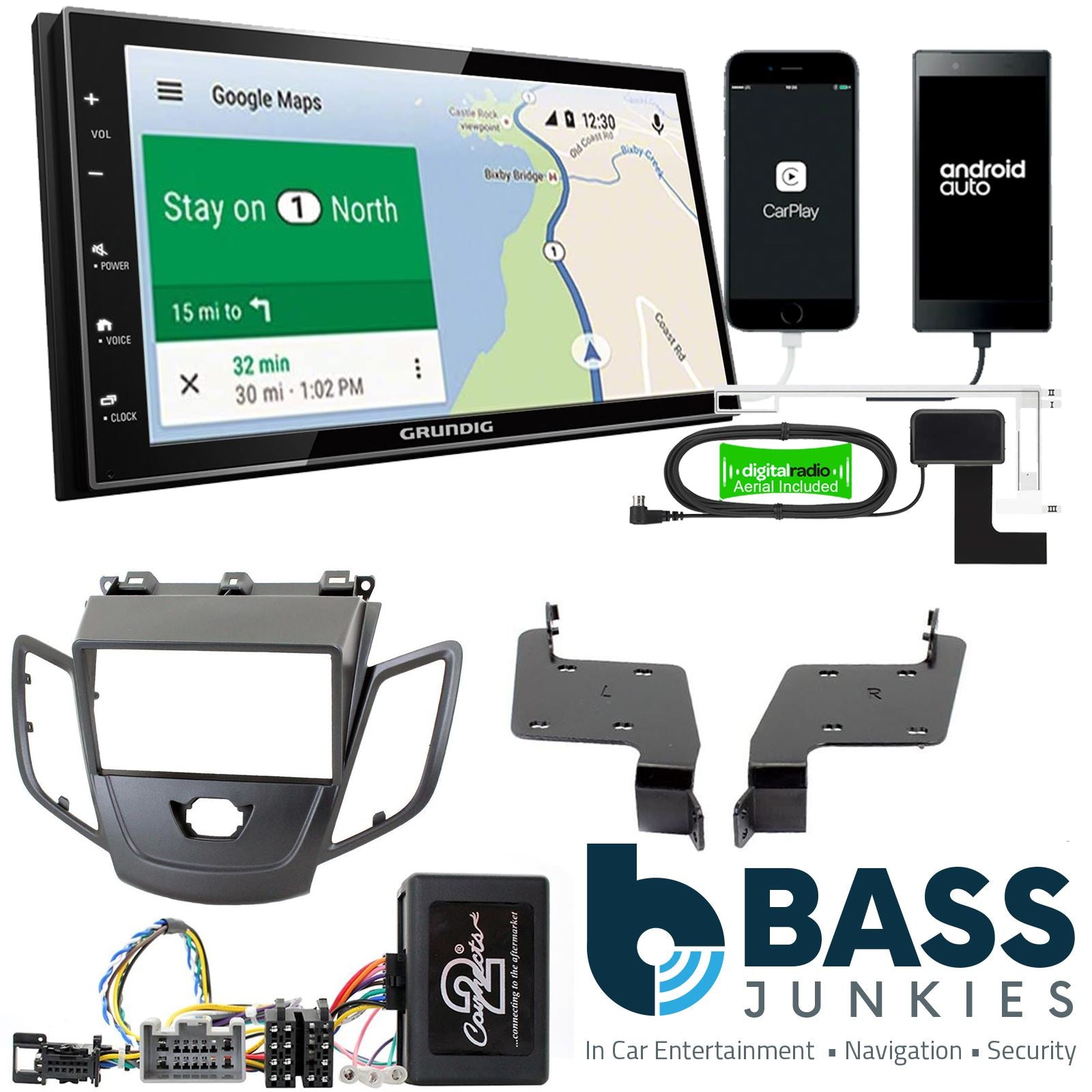 Grundig 6.8" Apple Android Double Din Stereo Fitting Kit + Steering Wheel Stalk Controls to fit Ford Fiesta 2008-12