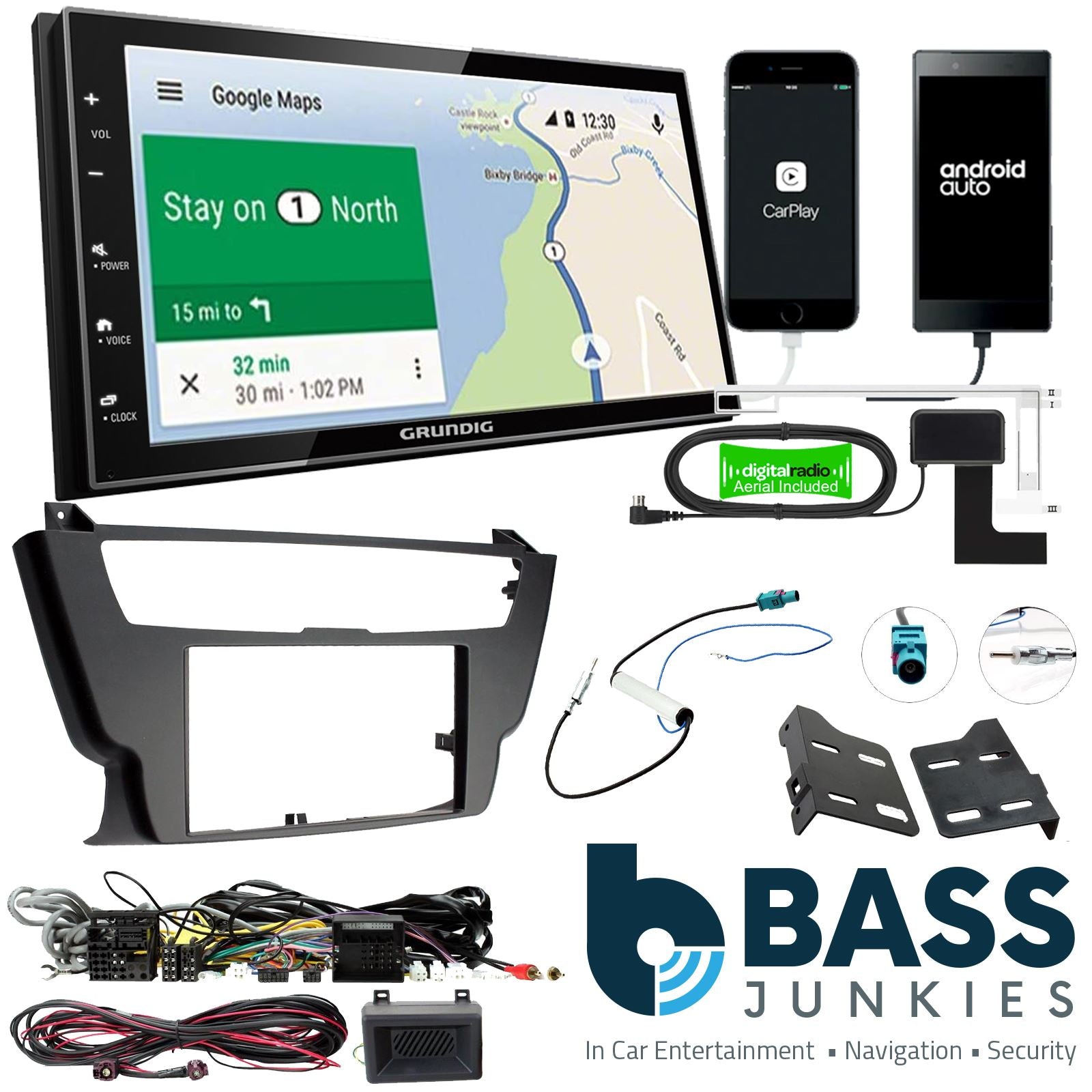 Grundig 6.8" Apple Android Double Din Stereo Fitting Kit + Steering Wheel Stalk Controls to fit BMW 3-Series 2012-20 | BMW 4-Series 2012-20