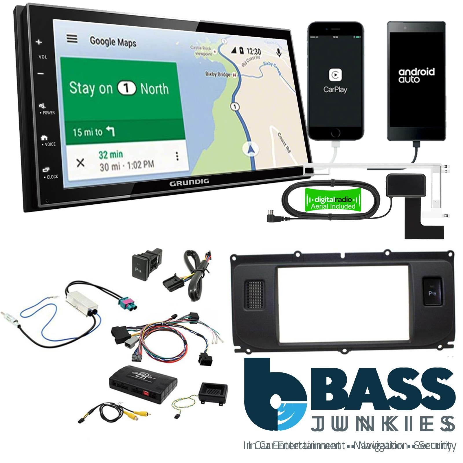 Grundig 6.8" Apple Android Double Din Stereo Fitting Kit + Steering Wheel Stalk Controls to fit Land Rover Evoque 11-15