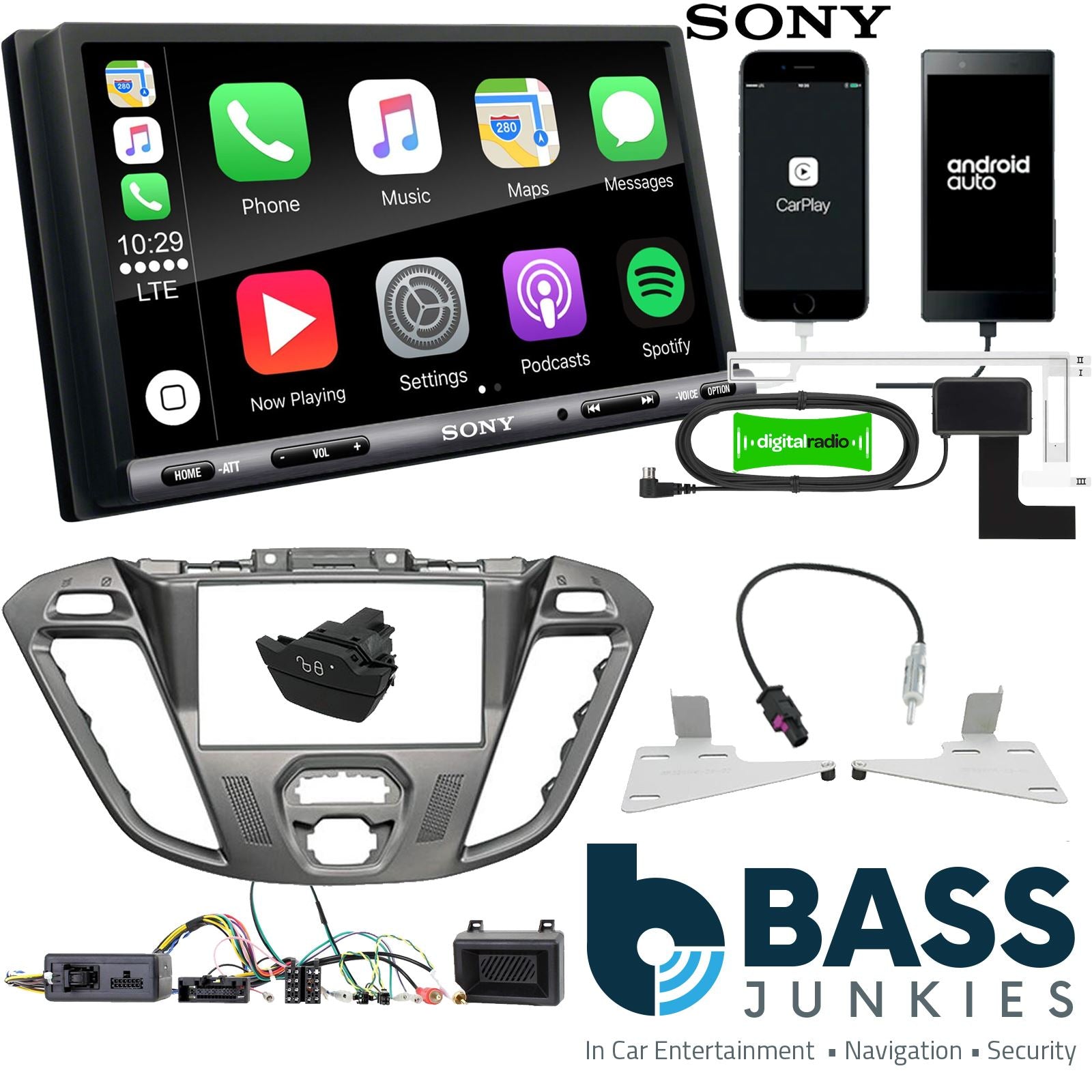SONY DAB+ Apple | Android Double Din Stereo Fitting Kit + Steering Wheel Stalk Controls to fit Ford Transit-Custom 12-16