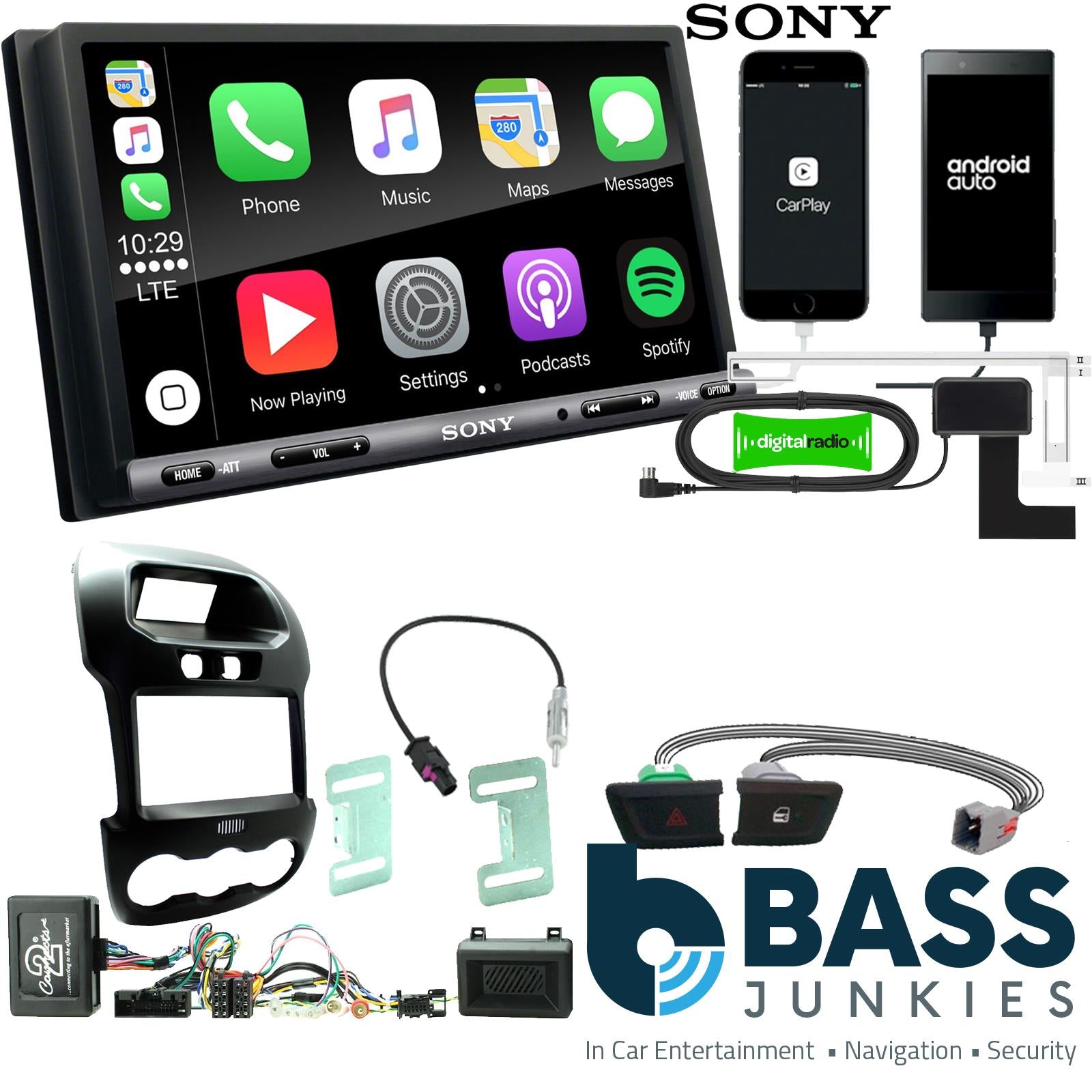 SONY DAB+ Apple | Android Double Din Stereo Fitting Kit + Steering Wheel Stalk Controls to fit Ford Ranger 2013-16