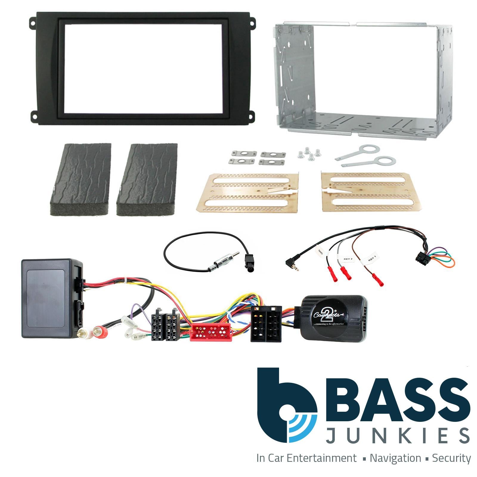 Connects 2 CTKPO02 - Porsche Cayenne 2002 - 2007 Double Din Fascia & Steering Wheel Interface Installation Kit