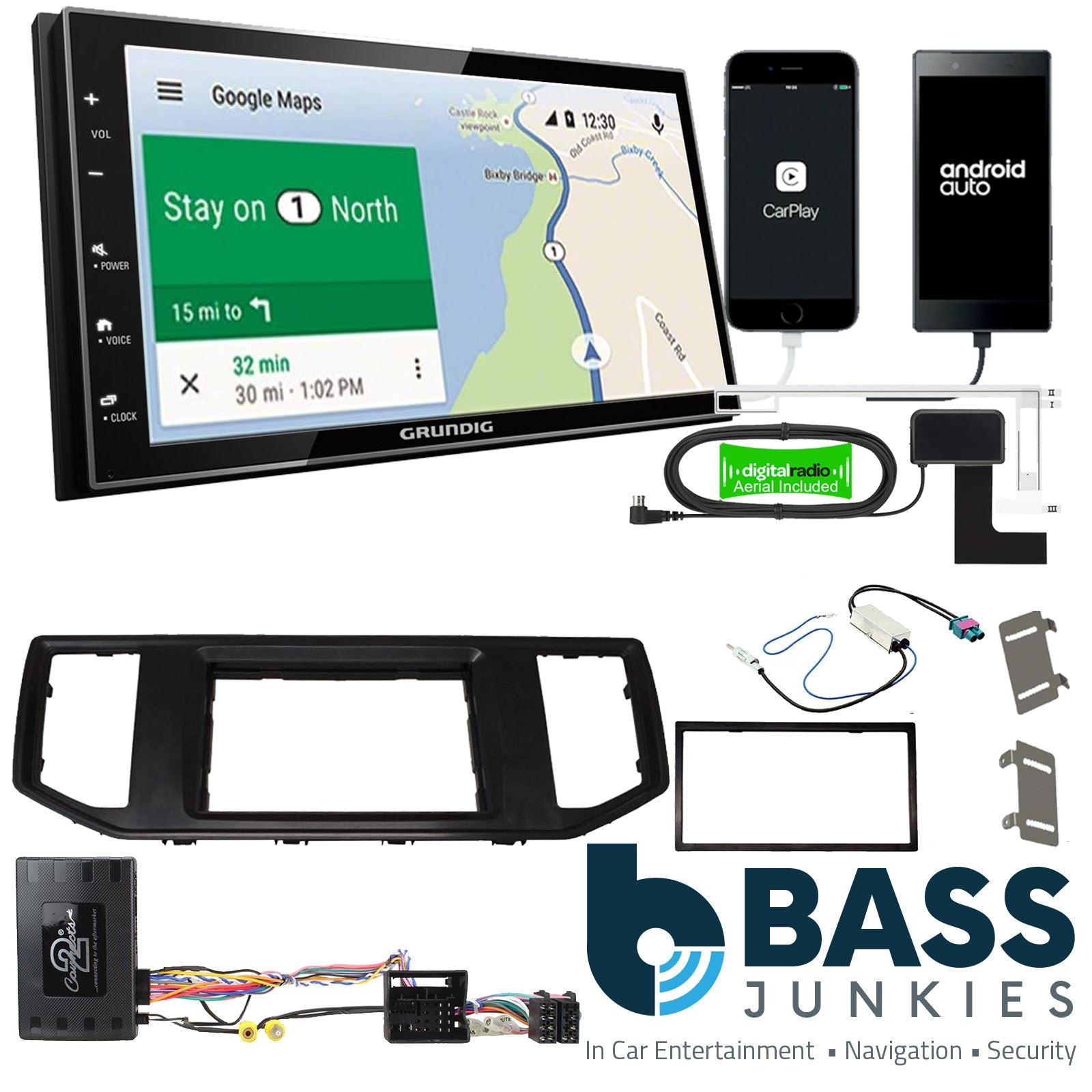 Grundig 6.8" Apple Android Double Din Stereo Fitting Kit + Steering Wheel Stalk Controls to fit VW Crafter 2017-21 | VW Grand California 2017- | MAN TGE 2017-