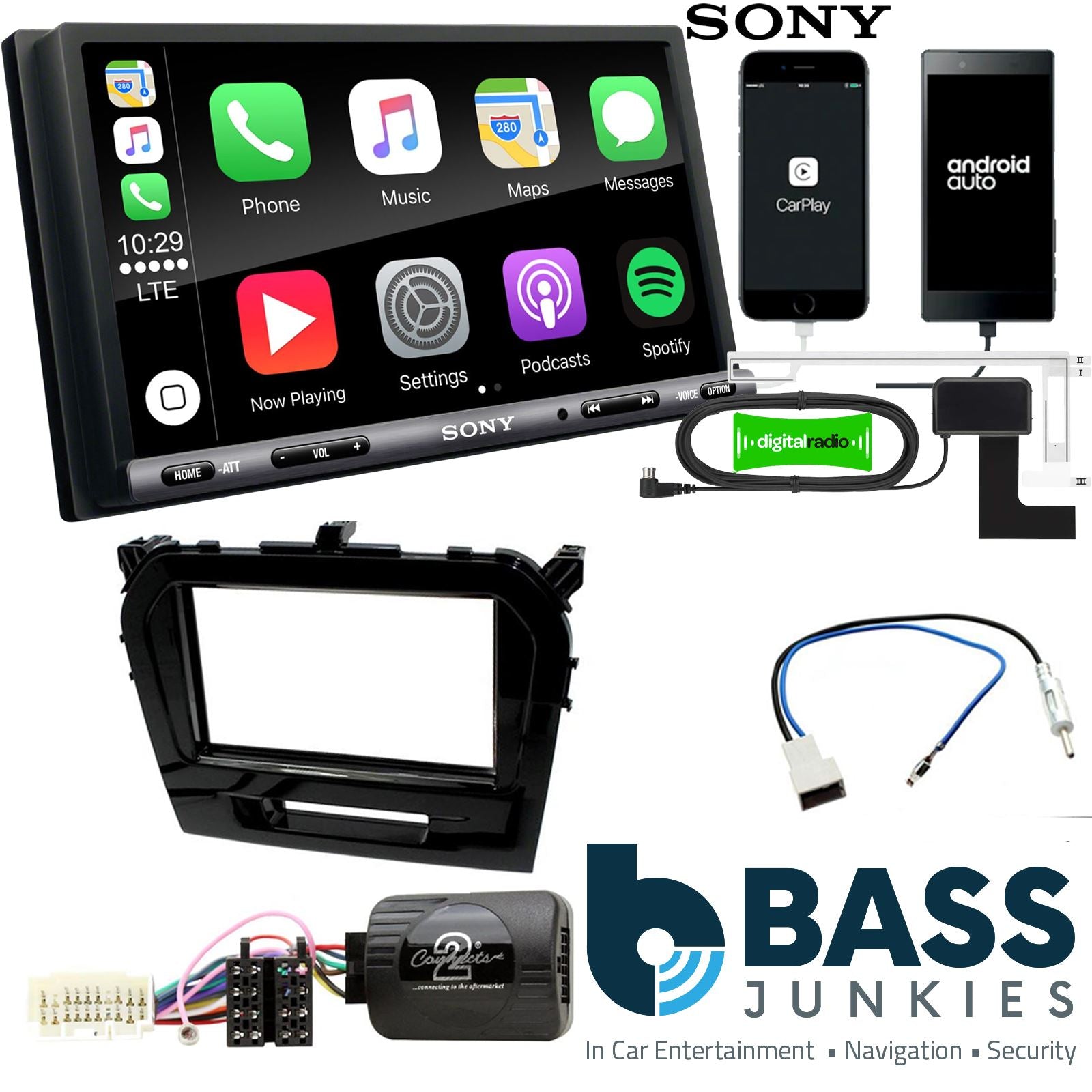 SONY DAB+ Apple | Android Double Din Stereo Fitting Kit + Steering Wheel Stalk Controls to fit Suzuki Vitara 2015-18
