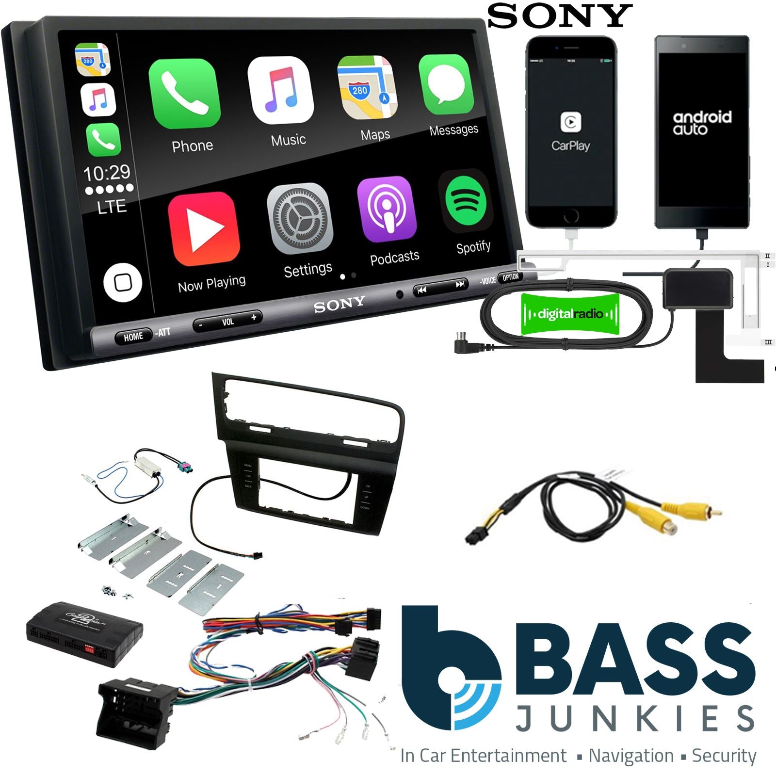 SONY DAB+ Apple | Android Double Din Stereo Fitting Kit + Steering Wheel Stalk Controls to fit VW Golf 2012-18