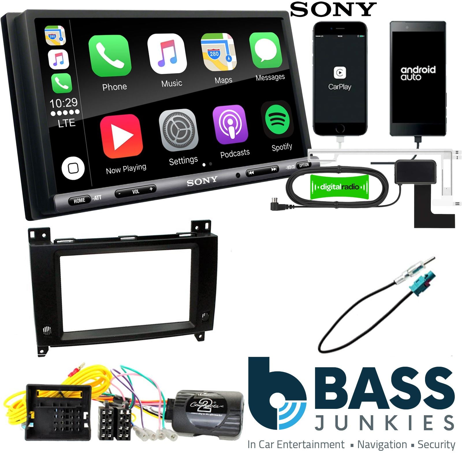 SONY DAB+ Apple | Android Double Din Stereo Fitting Kit + Steering Wheel Stalk Controls to fit Mercedes Vito 2015-
