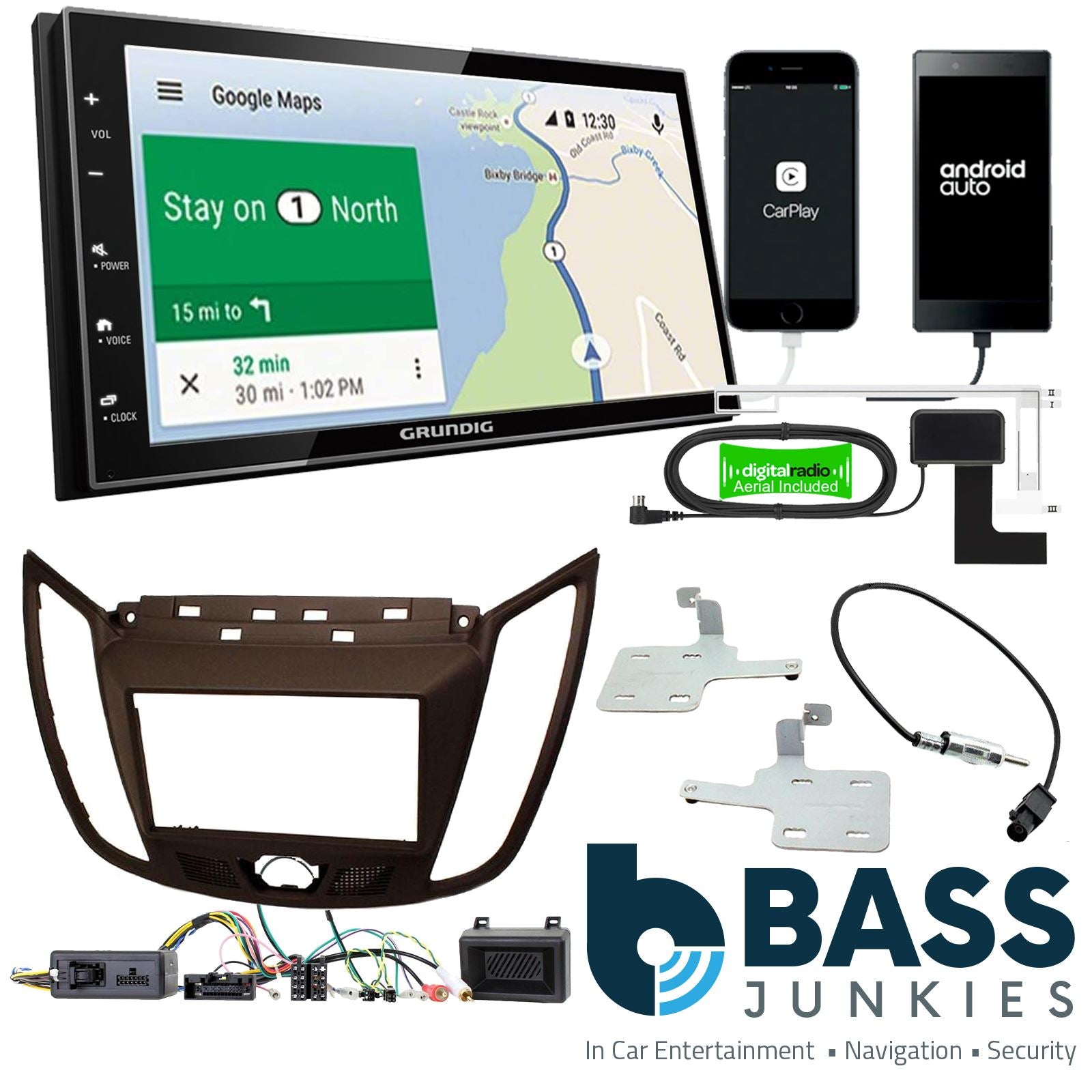 Grundig 6.8" Apple Android Double Din Stereo Fitting Kit + Steering Wheel Stalk Controls to fit Ford C-Max 2010-