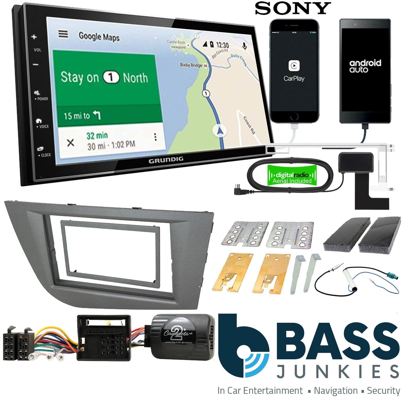 Grundig 6.8" Apple Android Double Din Stereo Fitting Kit + Steering Wheel Stalk Controls to fit Seat Leon 2005-12