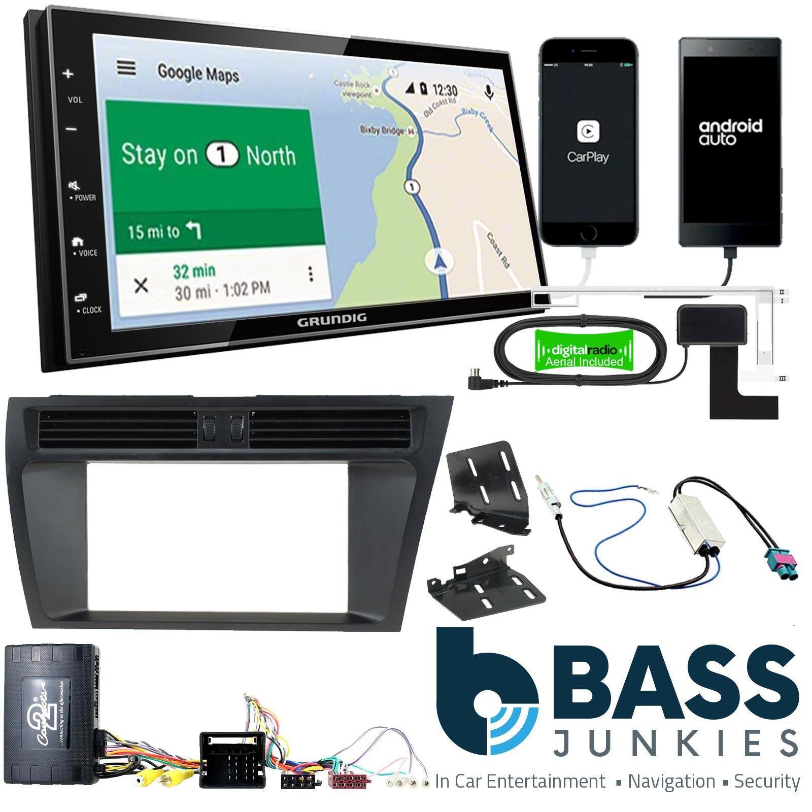 Grundig 6.8" Apple Android Double Din Stereo Fitting Kit + Steering Wheel Stalk Controls to fit Audi A4 2008-15 | Audi A5 2008-15