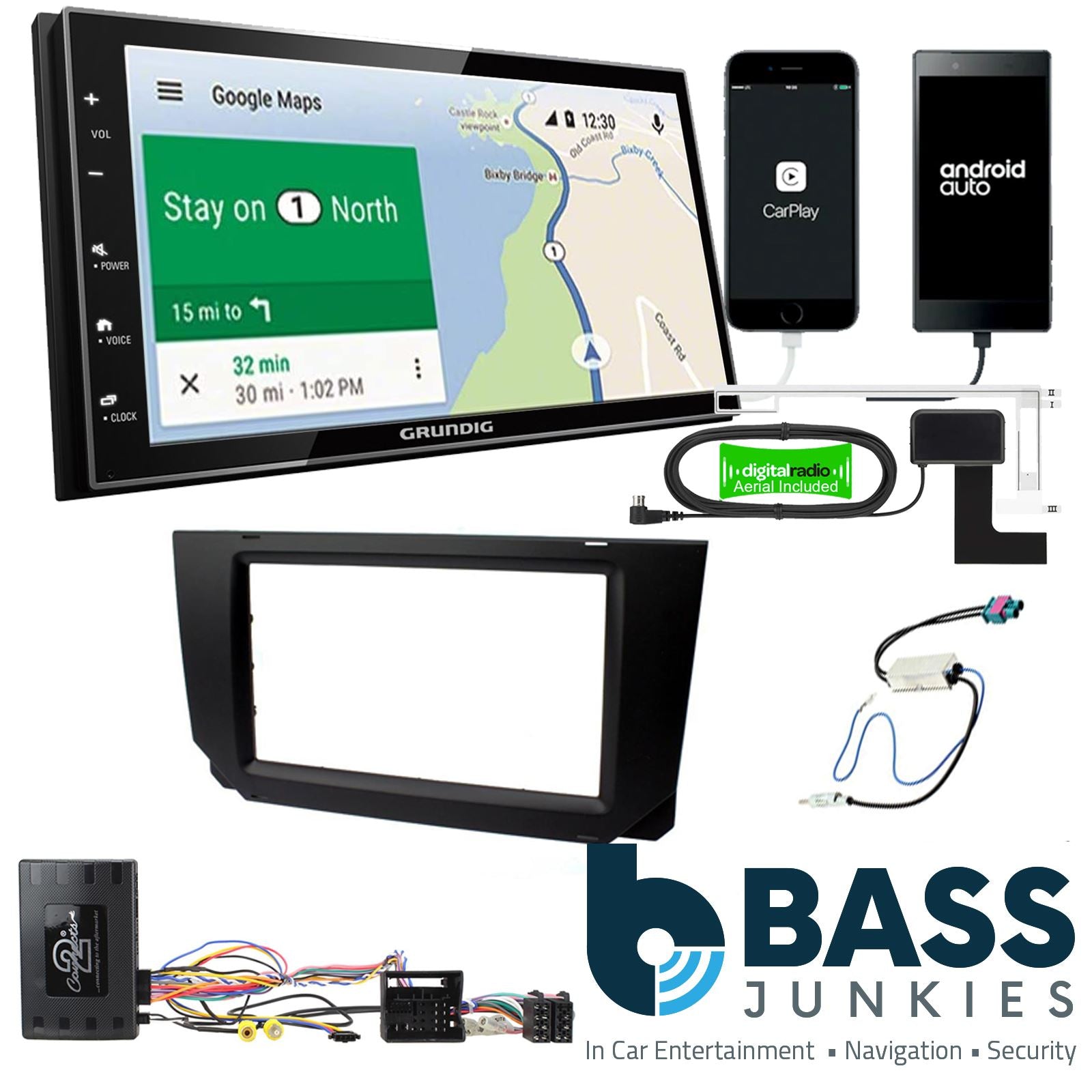 Grundig 6.8" Apple Android Double Din Stereo Fitting Kit + Steering Wheel Stalk Controls to fit Seat Arona 2017-21 | Seat Ibiza 2017-21