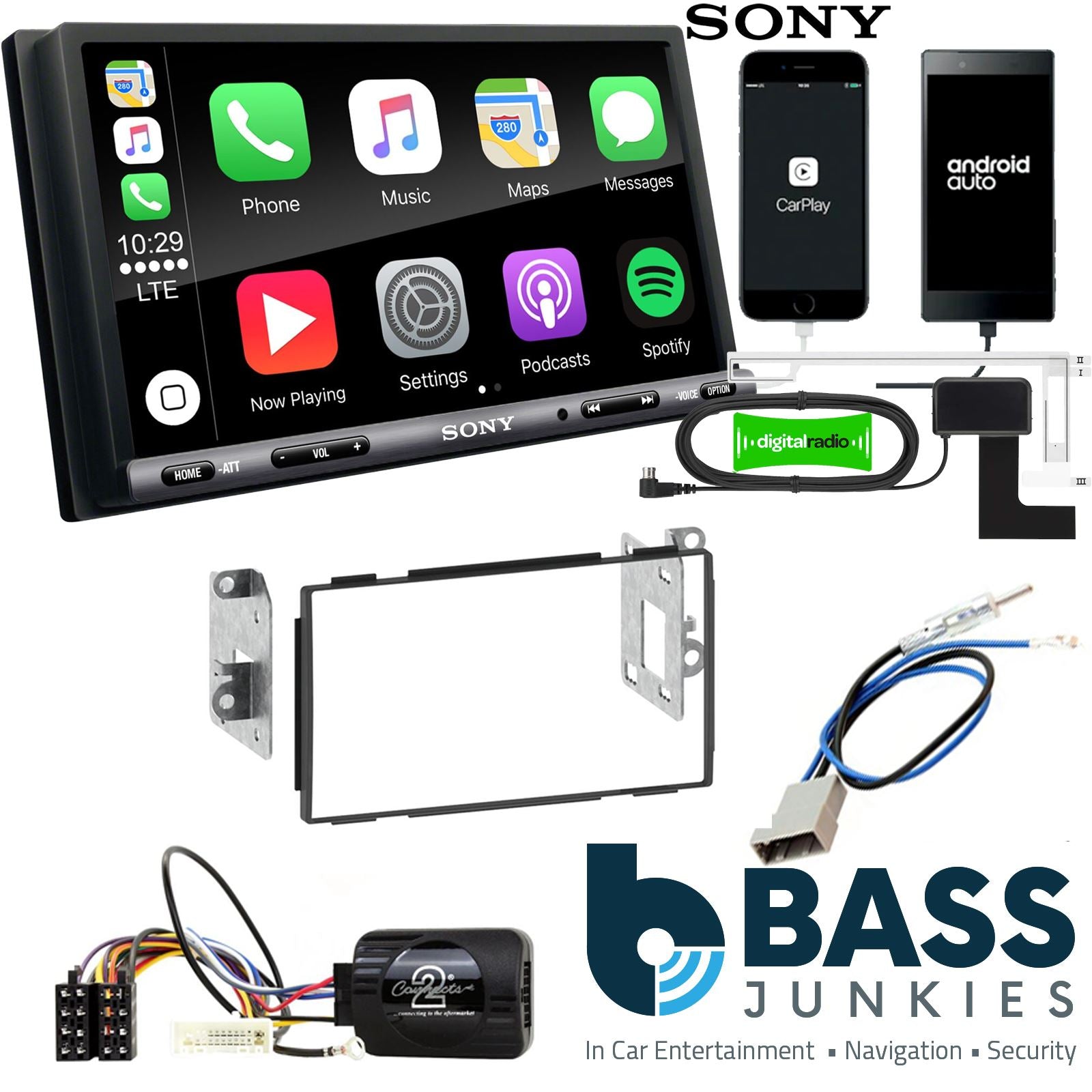 SONY DAB+ Apple | Android Double Din Stereo Fitting Kit + Steering Wheel Stalk Controls to fit Nissan Qashqai 2007-13