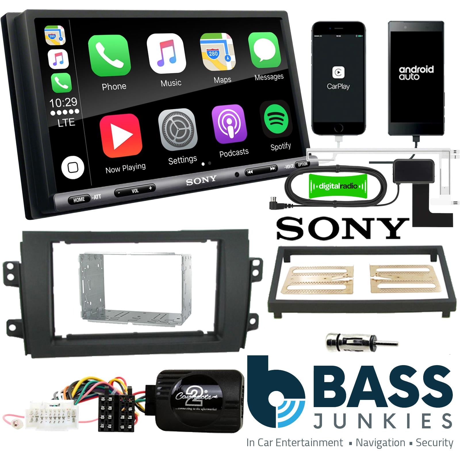 SONY DAB+ Apple | Android Double Din Stereo Fitting Kit + Steering Wheel Stalk Controls to fit Suzuki SX4 2006-14