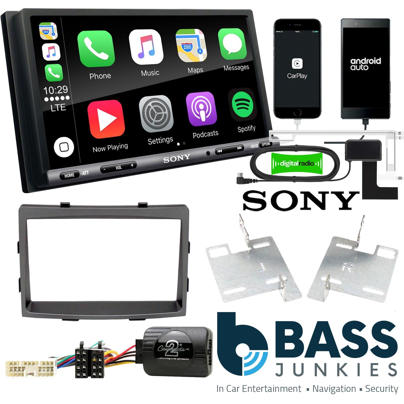 SONY DAB+ Apple | Android Double Din Stereo Fitting Kit + Steering Wheel Stalk Controls to fit SsangYong Rodius 2013-18