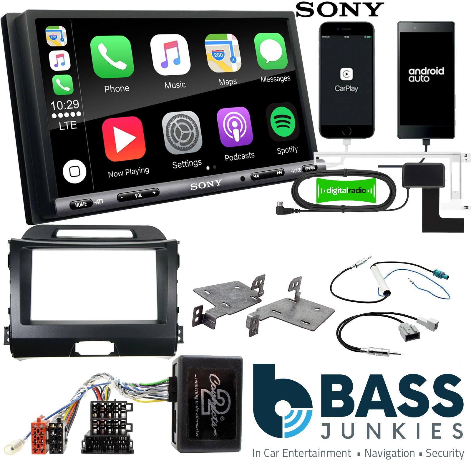 SONY DAB+ Apple | Android Double Din Stereo Fitting Kit + Steering Wheel Stalk Controls to fit Kia Sportage 2010-15