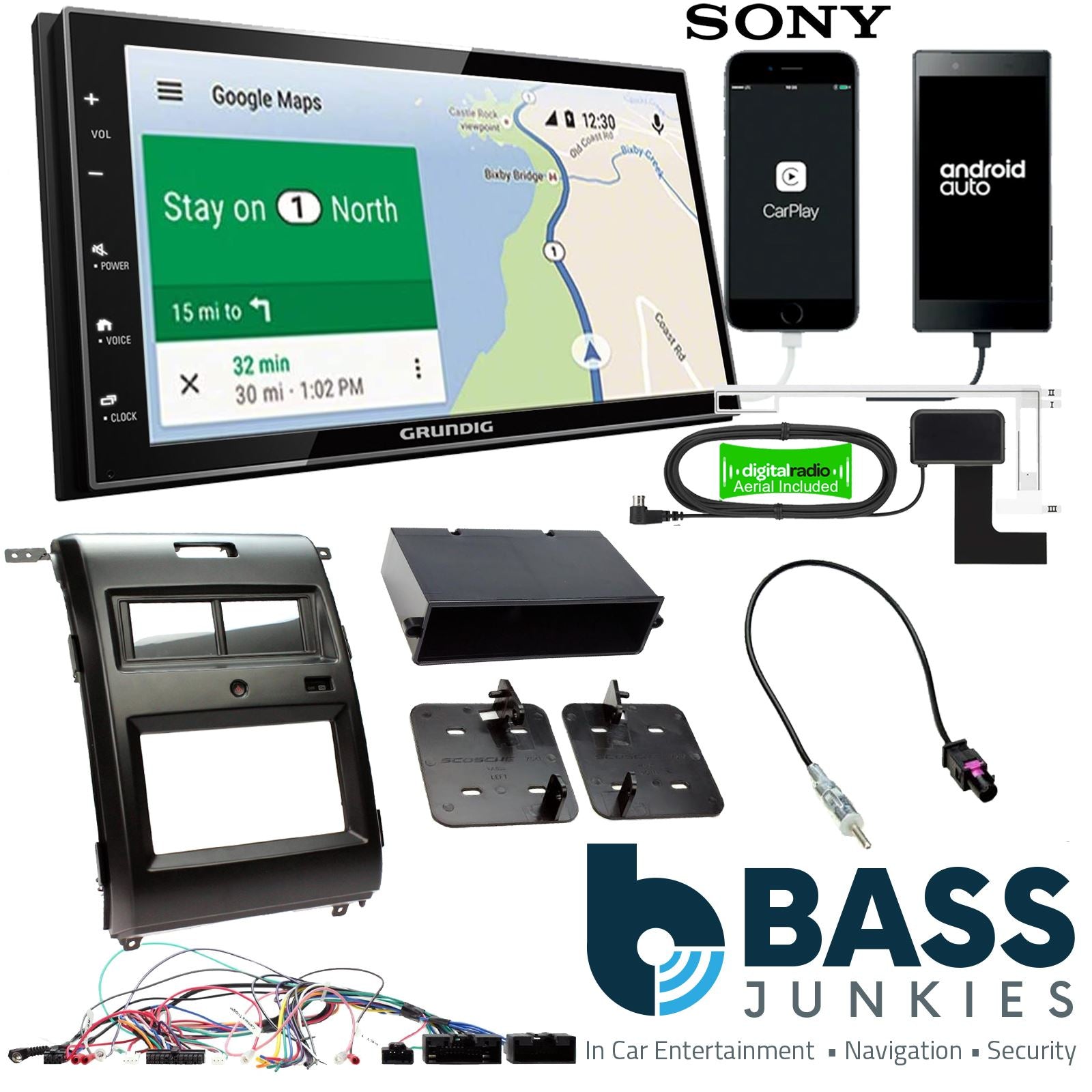 Grundig 6.8" Apple Android Double Din Stereo Fitting Kit + Steering Wheel Stalk Controls to fit Ford F-150 2013-14