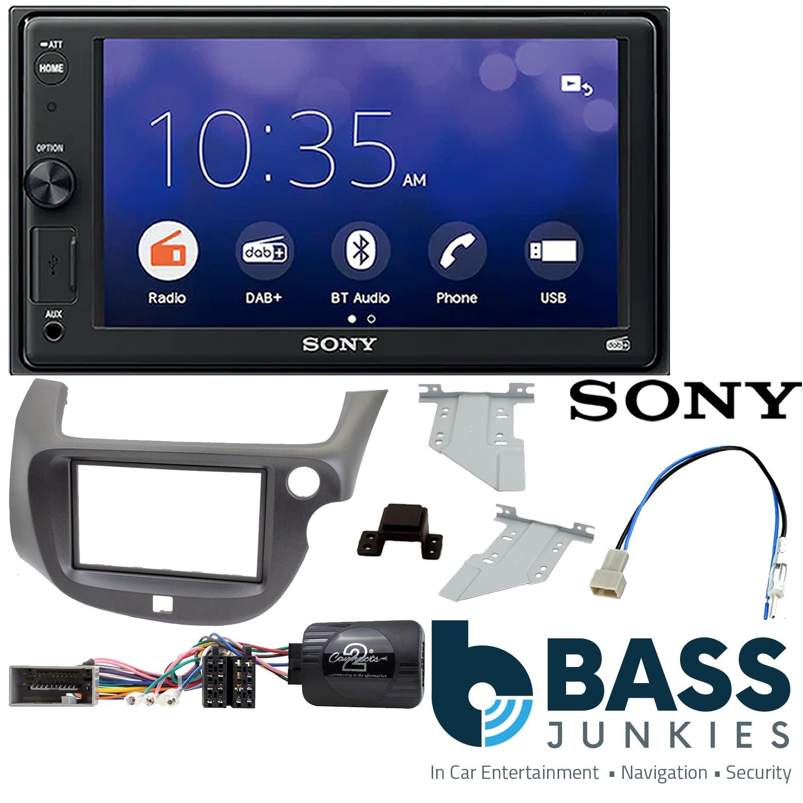 SONY 6.2" Screen Blutooth Double Din Stereo Fitting Kit + Steering Wheel Stalk Controls to fit Honda Jazz 2008-14