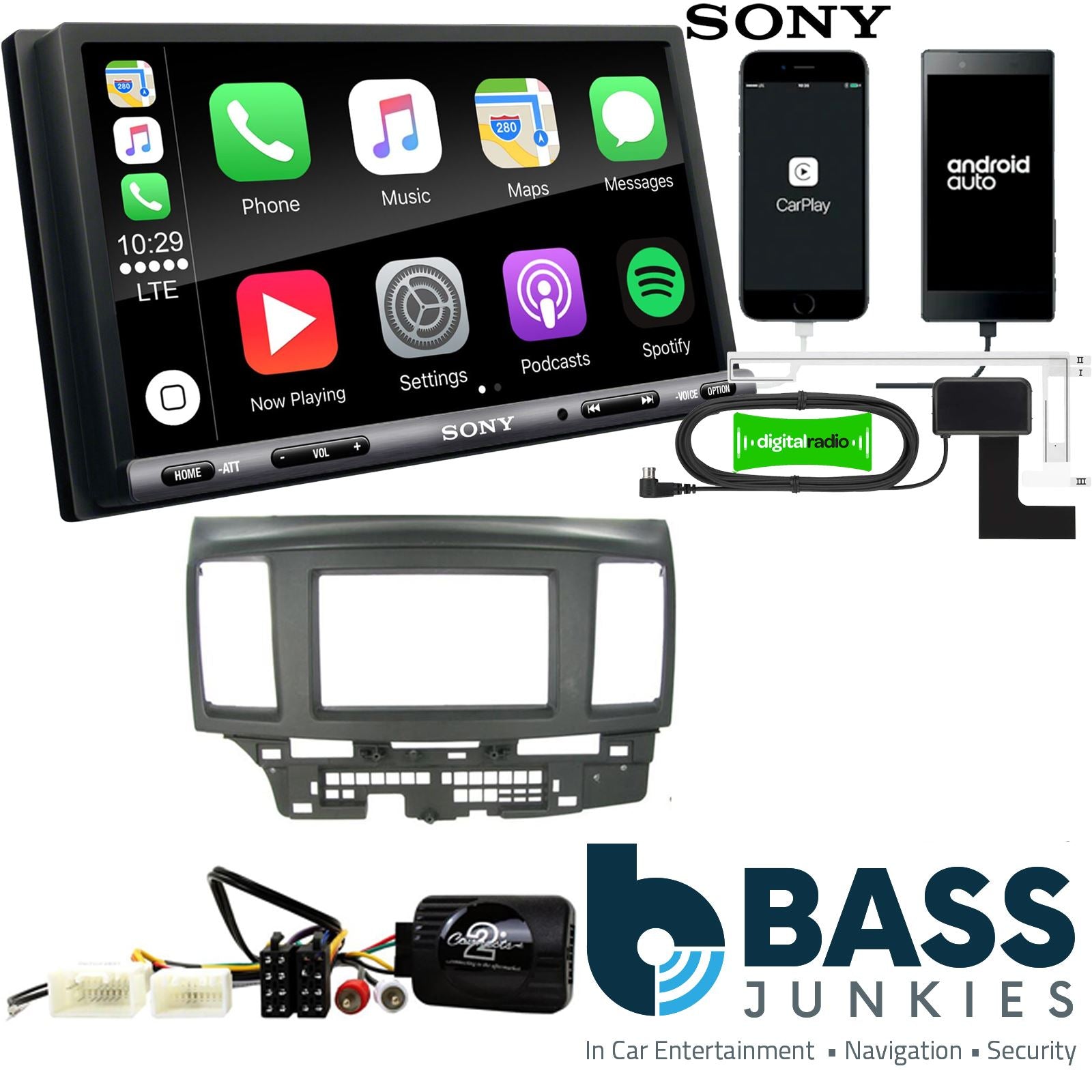 SONY DAB+ Apple | Android Double Din Stereo Fitting Kit + Steering Wheel Stalk Controls to fit Mitsubishi Lancer 2008-10