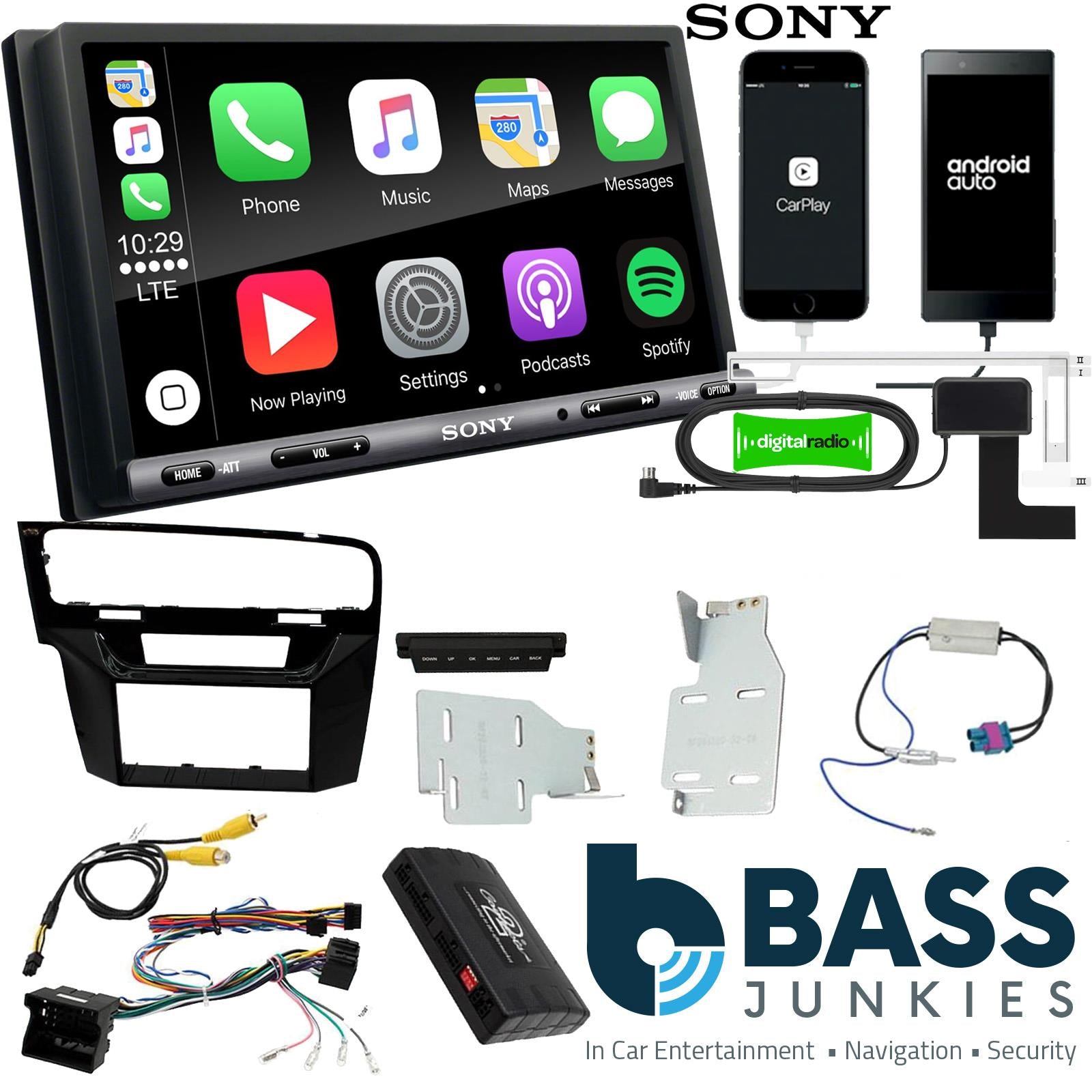 SONY DAB+ Apple | Android Double Din Stereo Fitting Kit + Steering Wheel Stalk Controls to fit VW Golf 2012-18