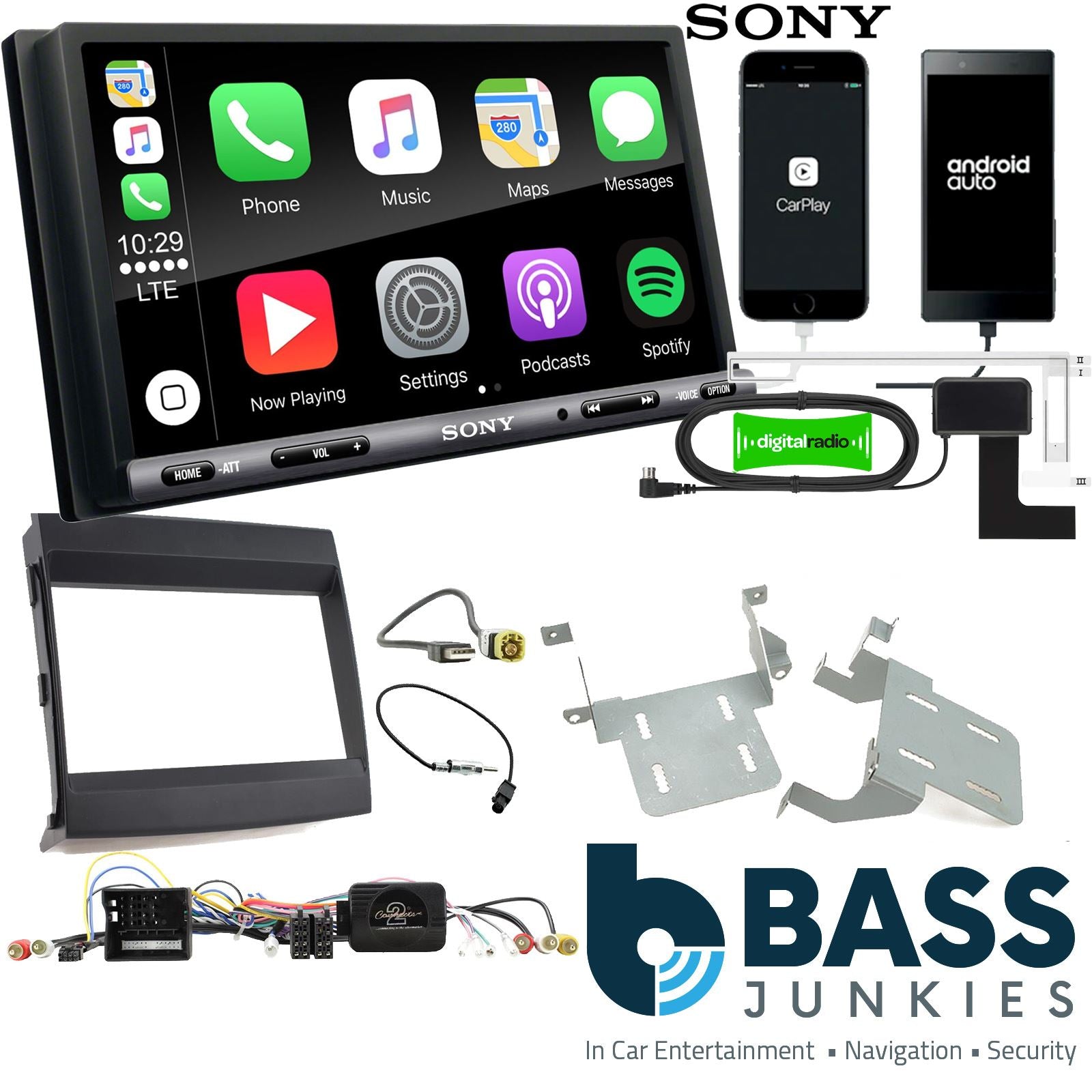 SONY DAB+ Apple | Android Double Din Stereo Fitting Kit + Steering Wheel Stalk Controls to fit Porsche Cayenne 2011-16