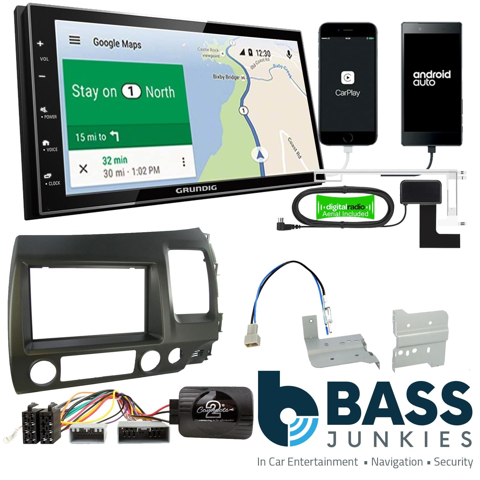 Grundig 6.8" Apple Android Double Din Stereo Fitting Kit + Steering Wheel Stalk Controls to fit Honda Civic 2006-12