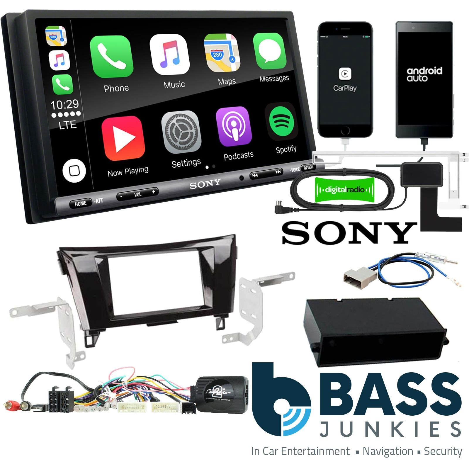 SONY DAB+ Apple | Android Double Din Stereo Fitting Kit + Steering Wheel Stalk Controls to fit Nissan Qashqai 2014-17 | Nissan X-Trail 2014-17