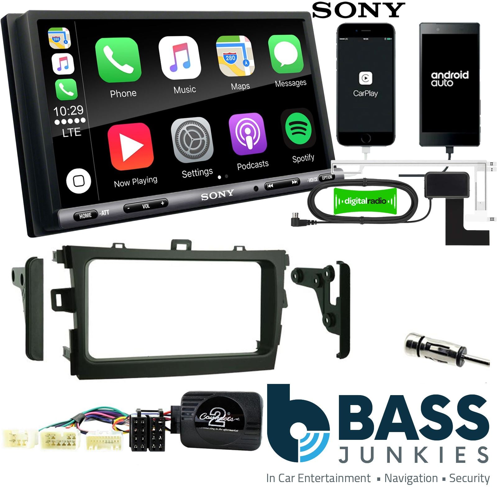 SONY DAB+ Apple | Android Double Din Stereo Fitting Kit + Steering Wheel Stalk Controls to fit Toyota Corolla 2009-11
