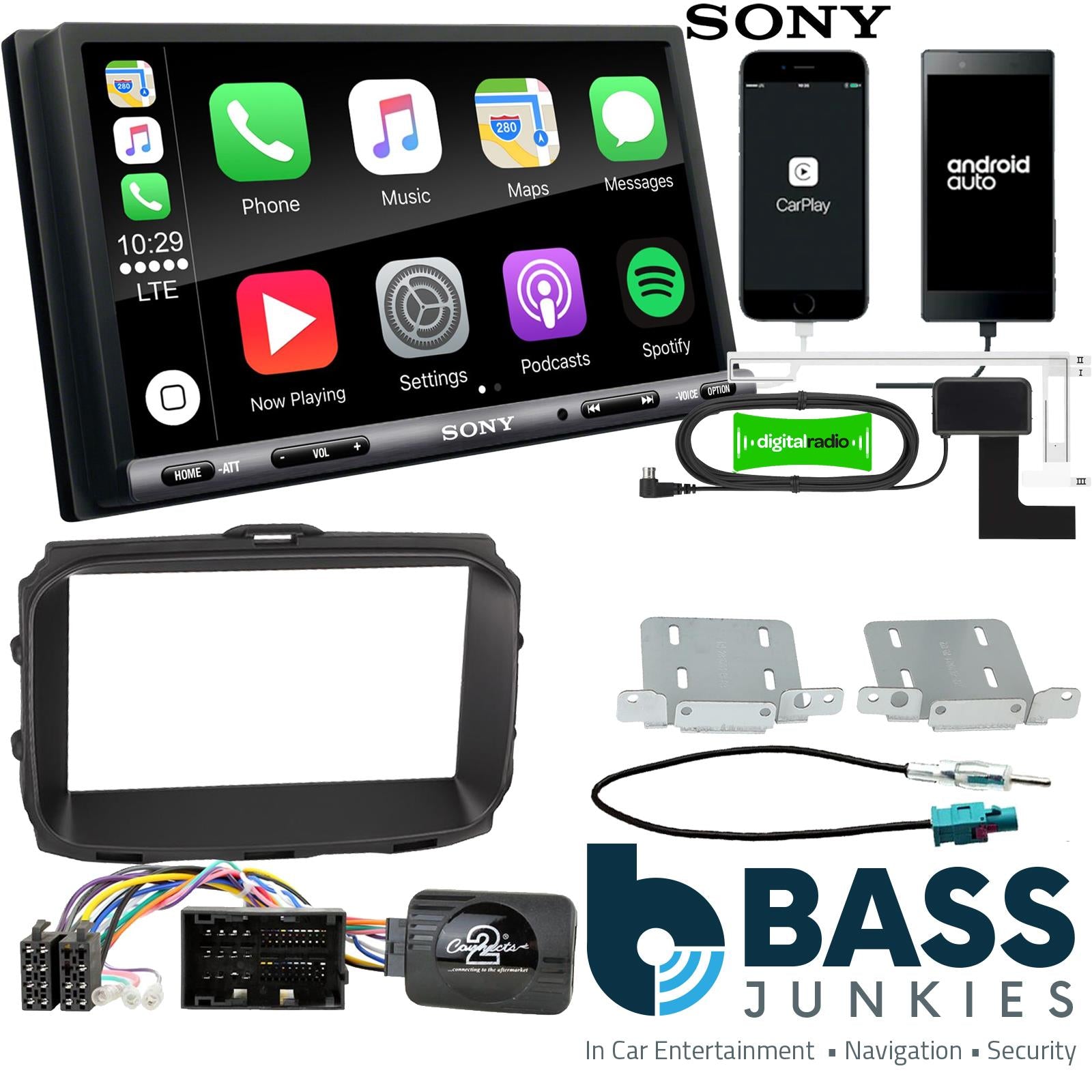 SONY DAB+ Apple | Android Double Din Stereo Fitting Kit + Steering Wheel Stalk Controls to fit Alfa Romeo Giulietta 14-21