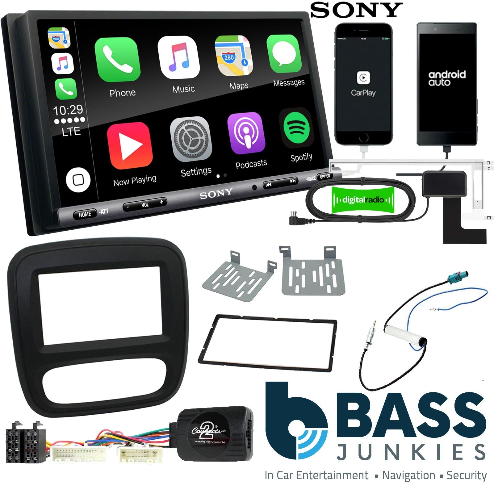 SONY DAB+ Apple | Android Double Din Stereo Fitting Kit + Steering Wheel Stalk Controls to fit Renault Trafic 2014-17
