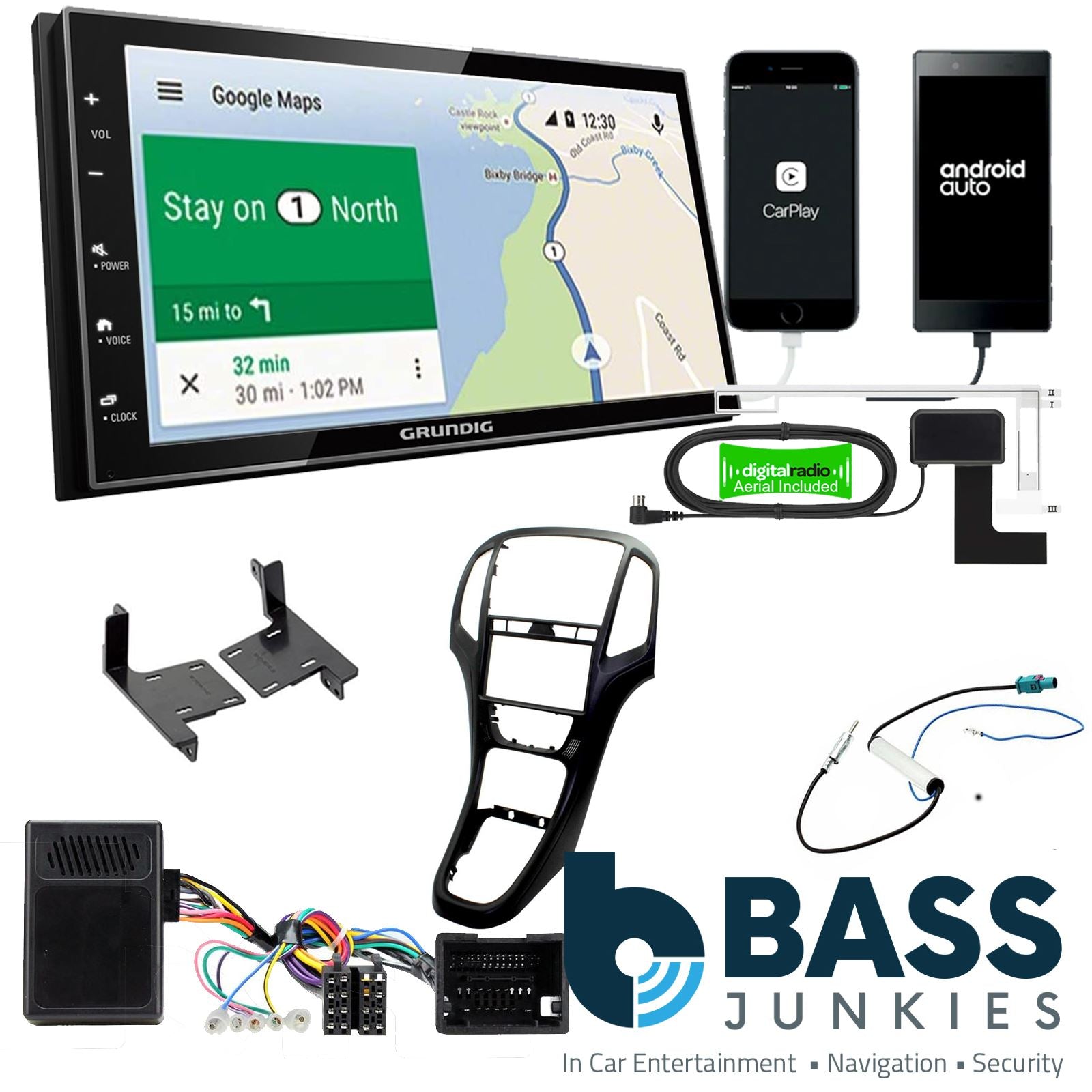 Grundig 6.8" Apple Android Double Din Stereo Fitting Kit + Steering Wheel Stalk Controls to fit Vauxhall Astra 2010-15