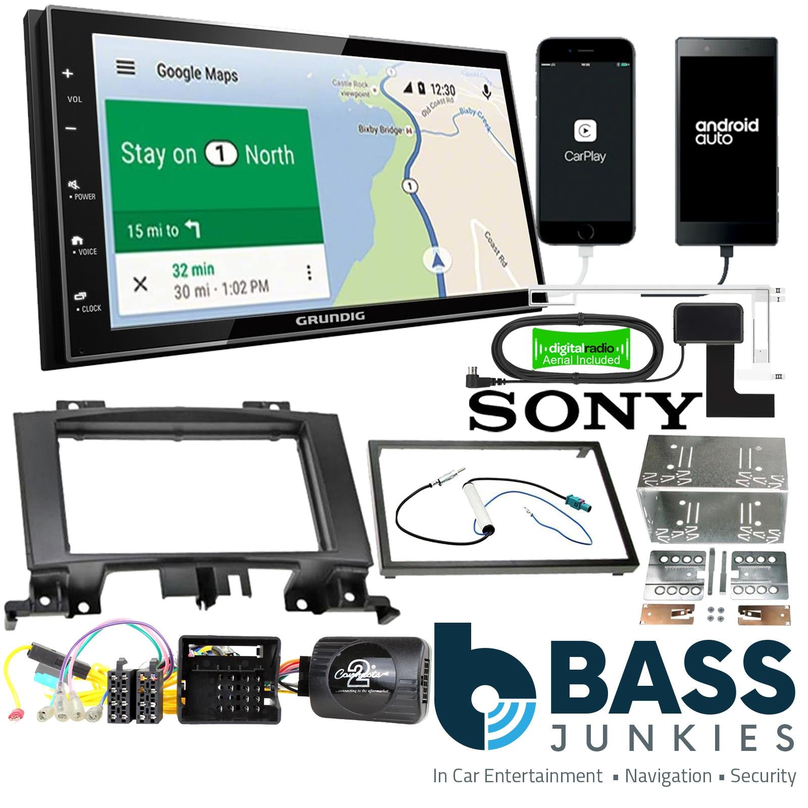 Grundig 6.8" Apple Android Double Din Stereo Fitting Kit + Steering Wheel Stalk Controls to fit VW Crafter 2014-17