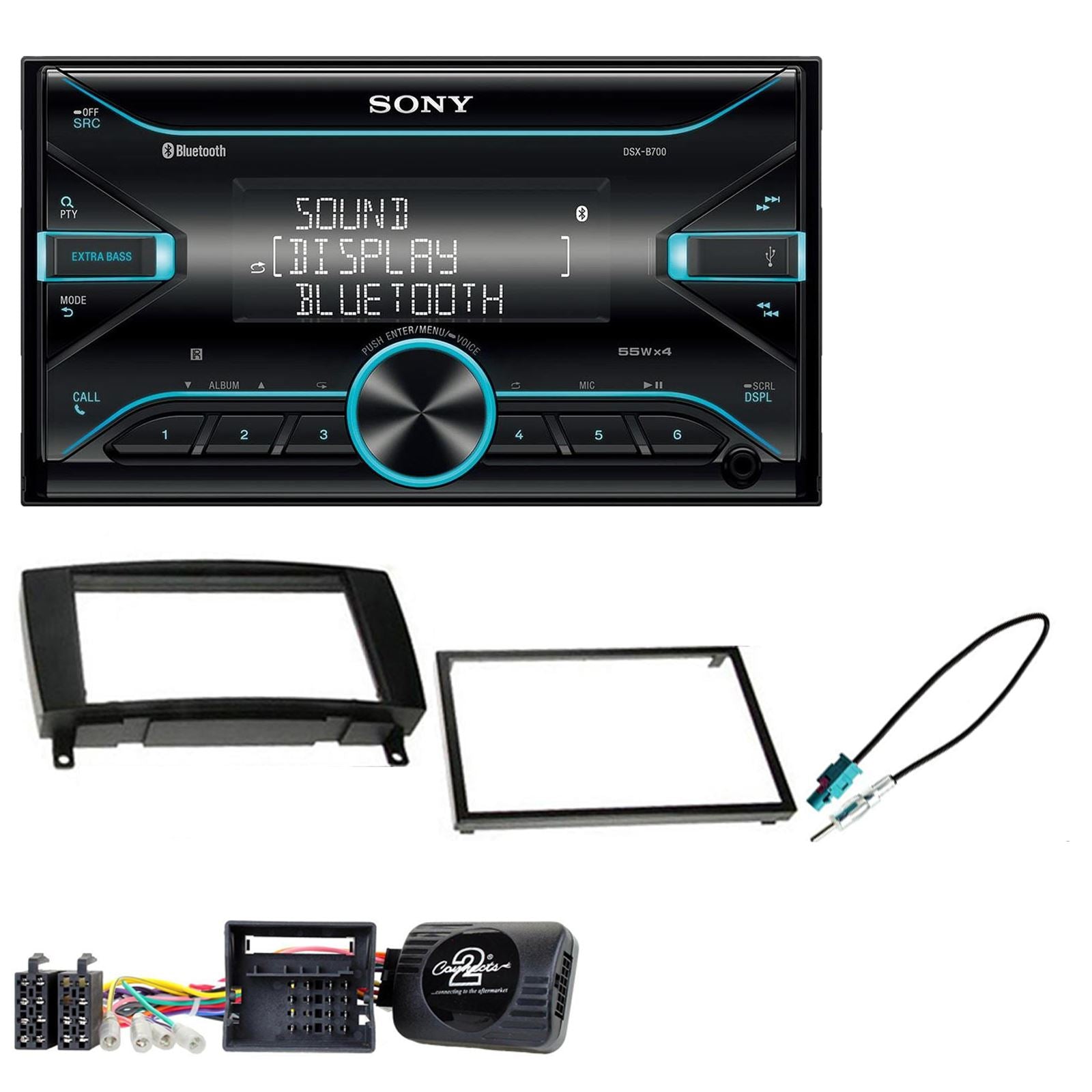 Sony DSX-B700 Bluetooth MP3 USB AUX 4 x 55W Double Din Car Stereo Radio Player + Connects2 Double Din + Steering Wheel Controls fits Mercedes CLK 2004-09
