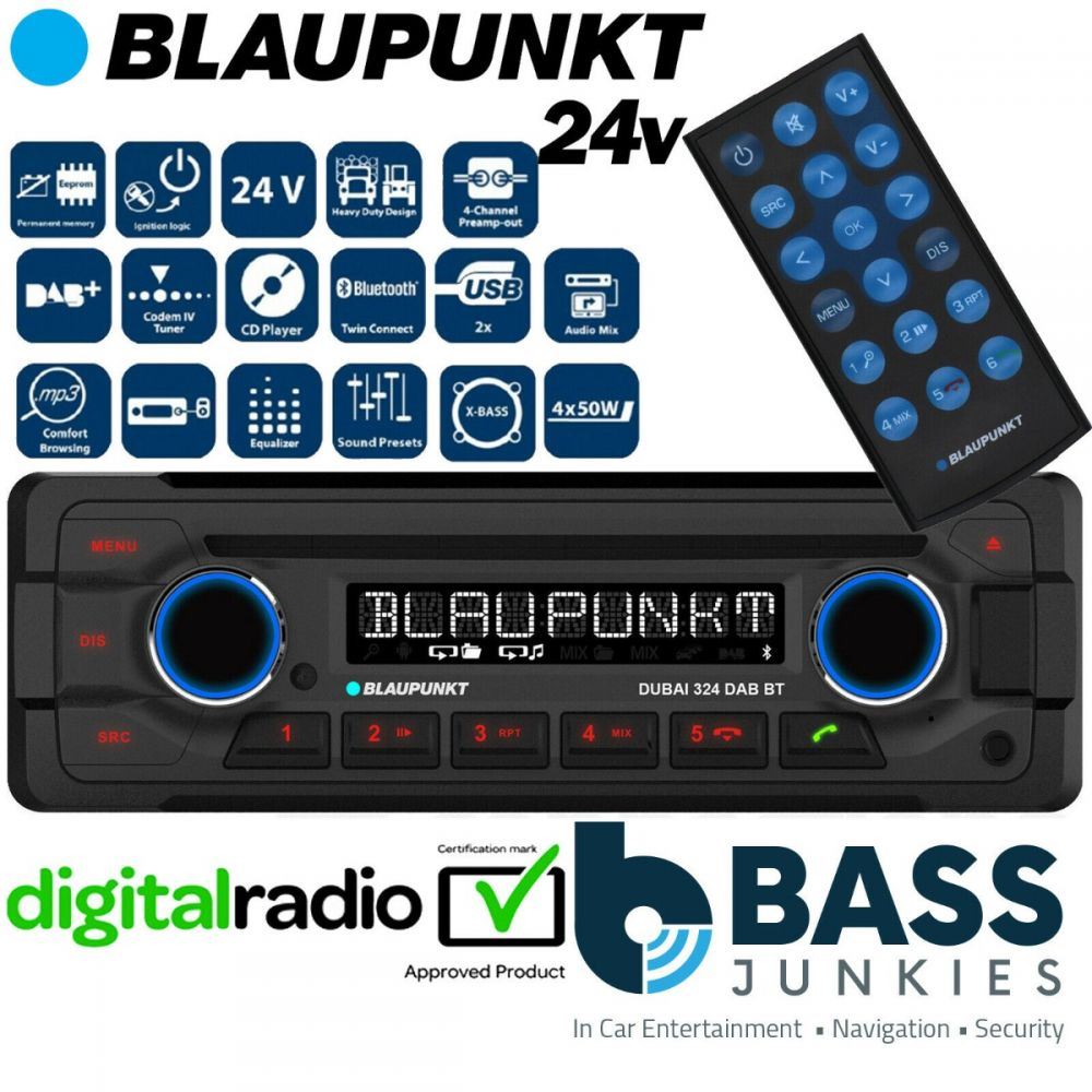 Blaupunkt DUBAI 324DAB - DAB Radio Bluetooth (24 Volt ONLY) Heavy Duty CD MP3 Front USB Aux 50 x 4 Watts Truck Lorry Bus Coach Tractor Stereo