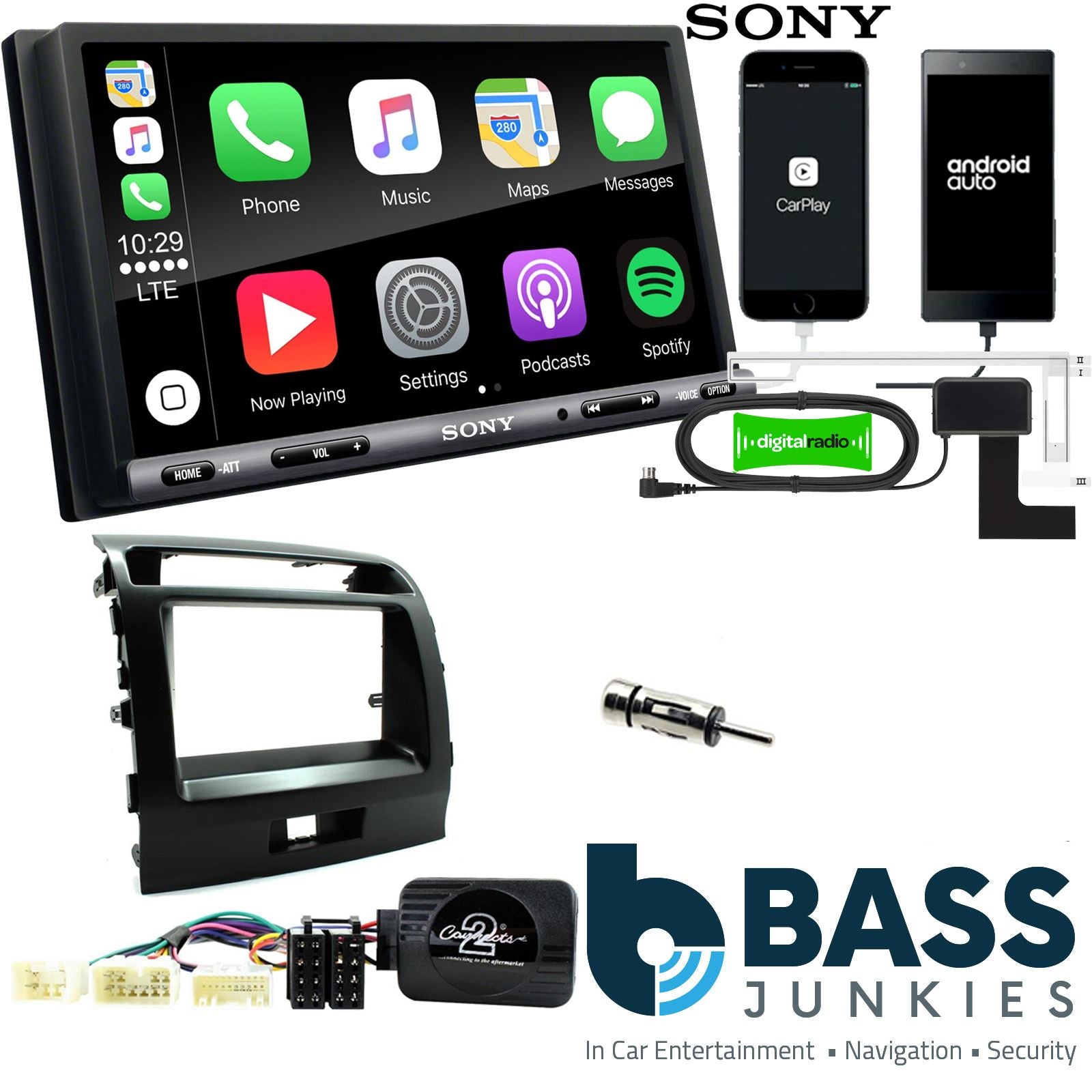 SONY DAB+ Apple | Android Double Din Stereo Fitting Kit + Steering Wheel Stalk Controls to fit Toyota Landcruiser 03-09