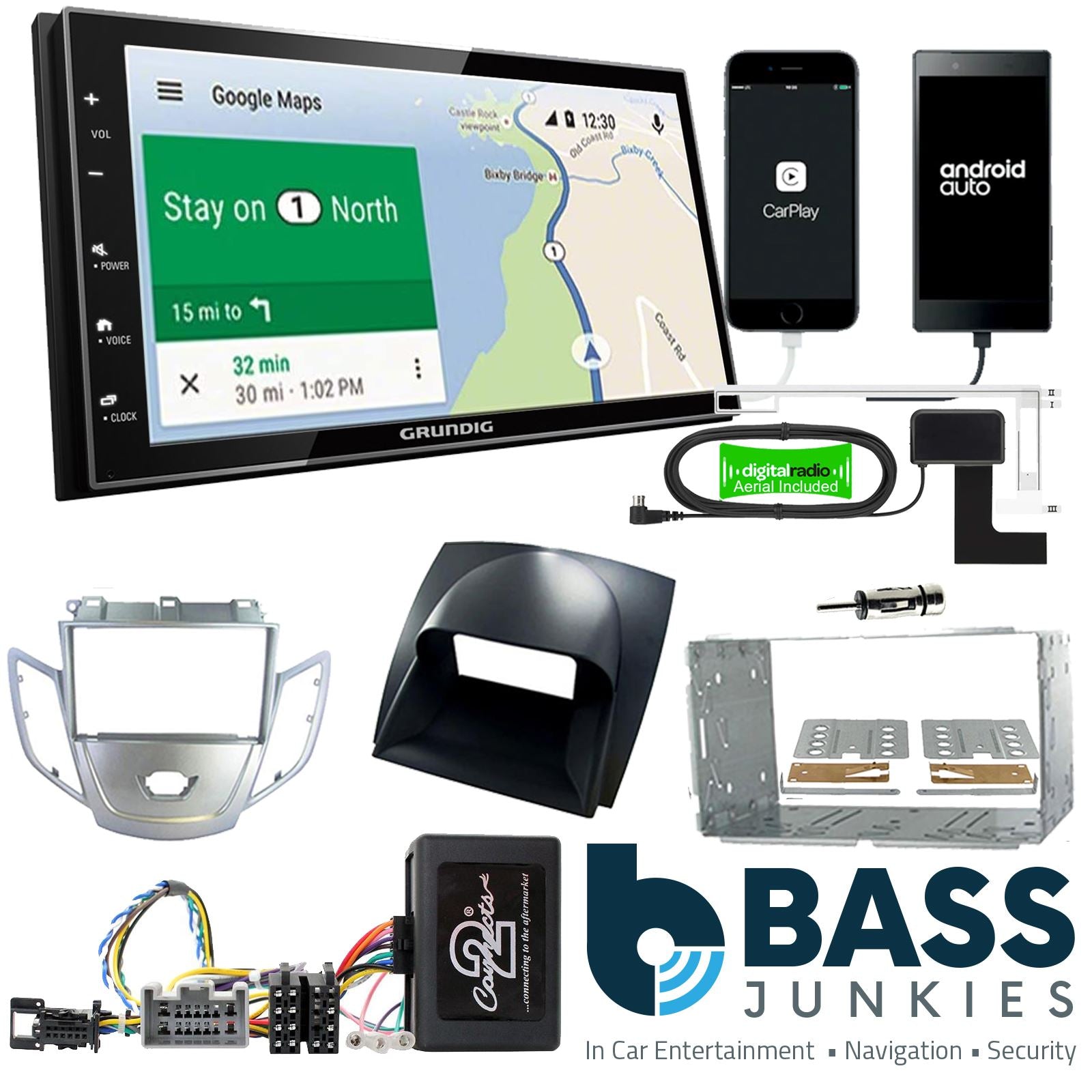 Grundig 6.8" Apple Android Double Din Stereo Fitting Kit + Steering Wheel Stalk Controls to fit Ford Fiesta 2008-10