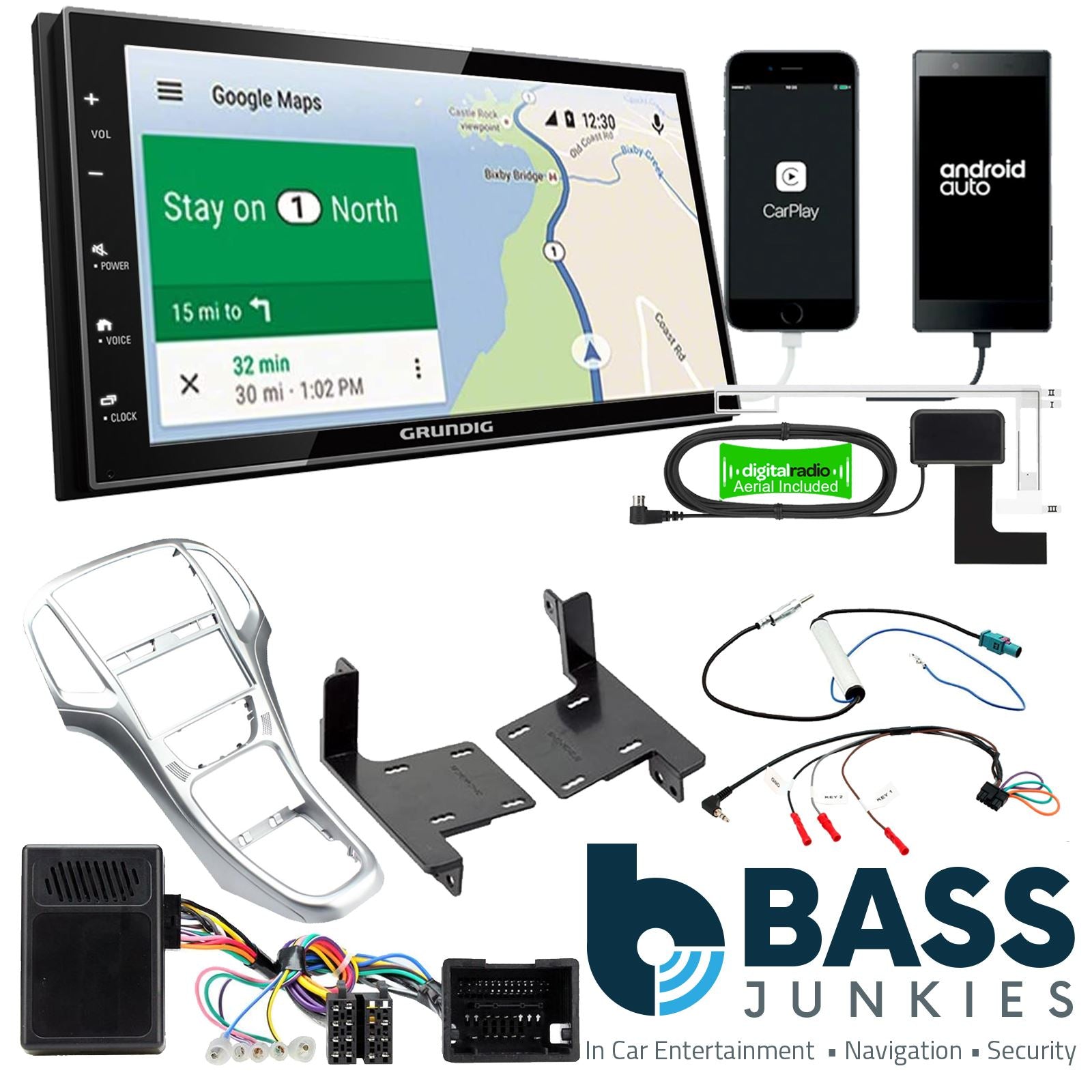 Grundig 6.8" Apple Android Double Din Stereo Fitting Kit + Steering Wheel Stalk Controls to fit Vauxhall Astra 2010-15