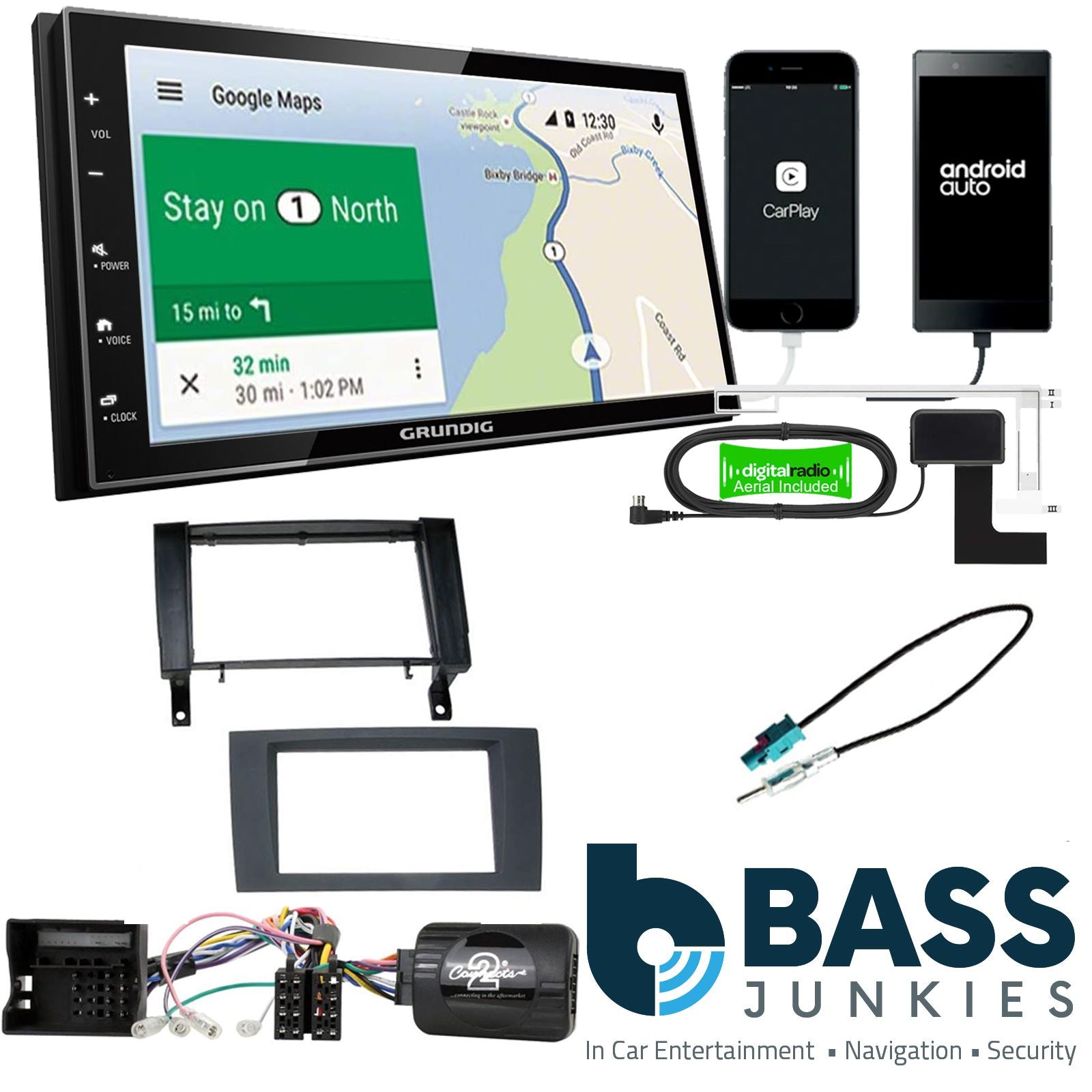 Grundig 6.8" Apple Android Double Din Stereo Fitting Kit + Steering Wheel Stalk Controls to fit Mercedes SLK 2004-11