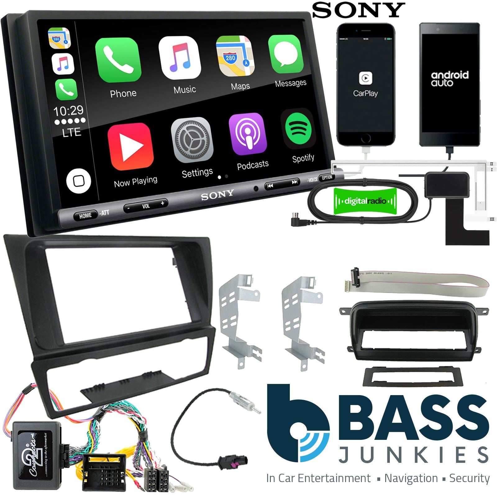 SONY DAB+ Apple | Android Double Din Stereo Fitting Kit + Steering Wheel Stalk Controls to fit BMW 3-Series 2005-12
