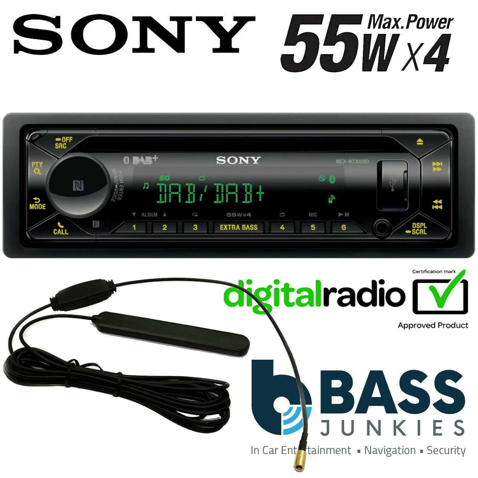 Sony MEX-N7300BD + DAB Aerial Multi Colour Display Car Stereo (DAB | Radio | CD | MP3 | Bluetooth | USB | Aux-In) Allows iPhone and iPod control through USB. Amplified 4x 55watts.