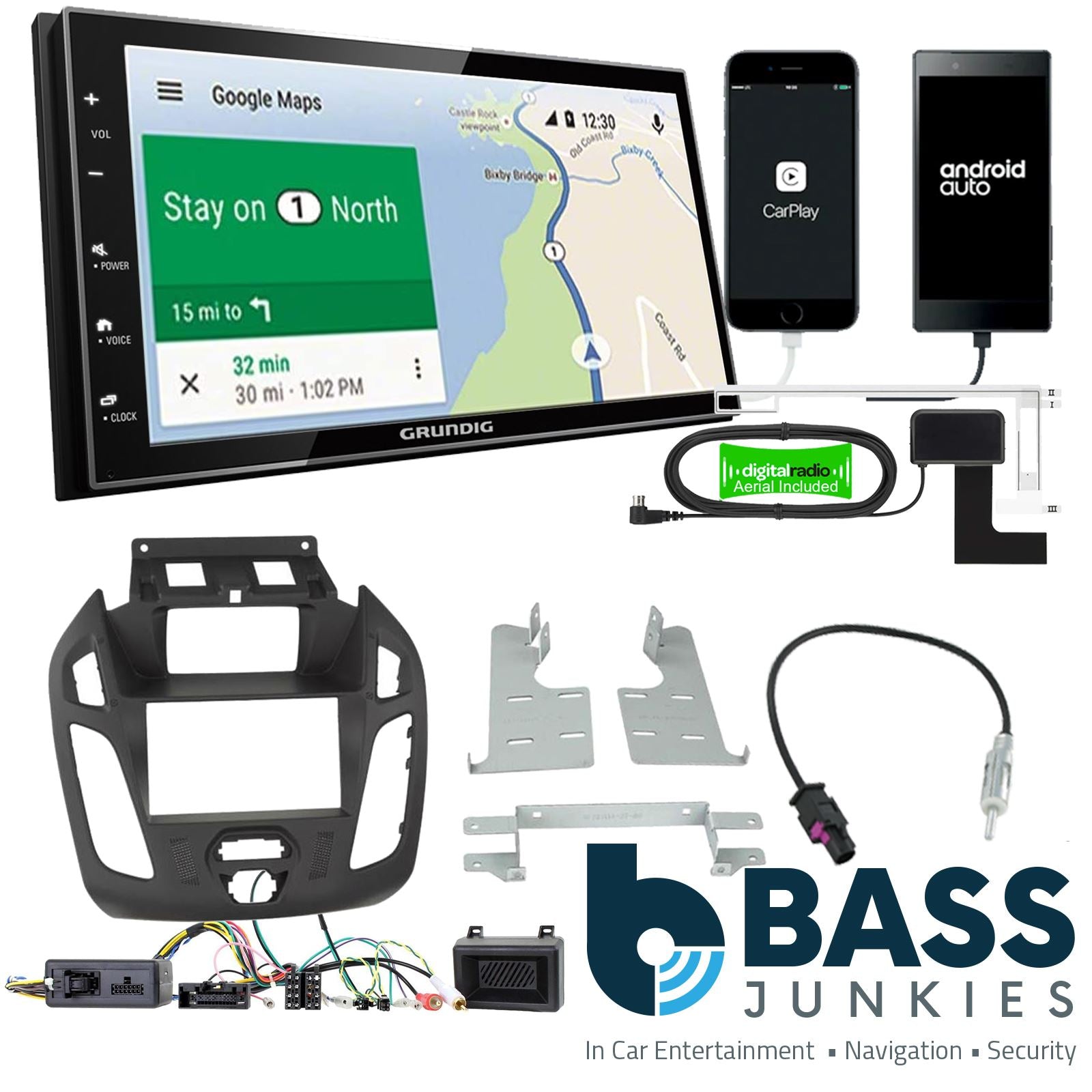 Grundig 6.8" Apple Android Double Din Stereo Fitting Kit + Steering Wheel Stalk Controls to fit Ford Transit-Connect 13-21