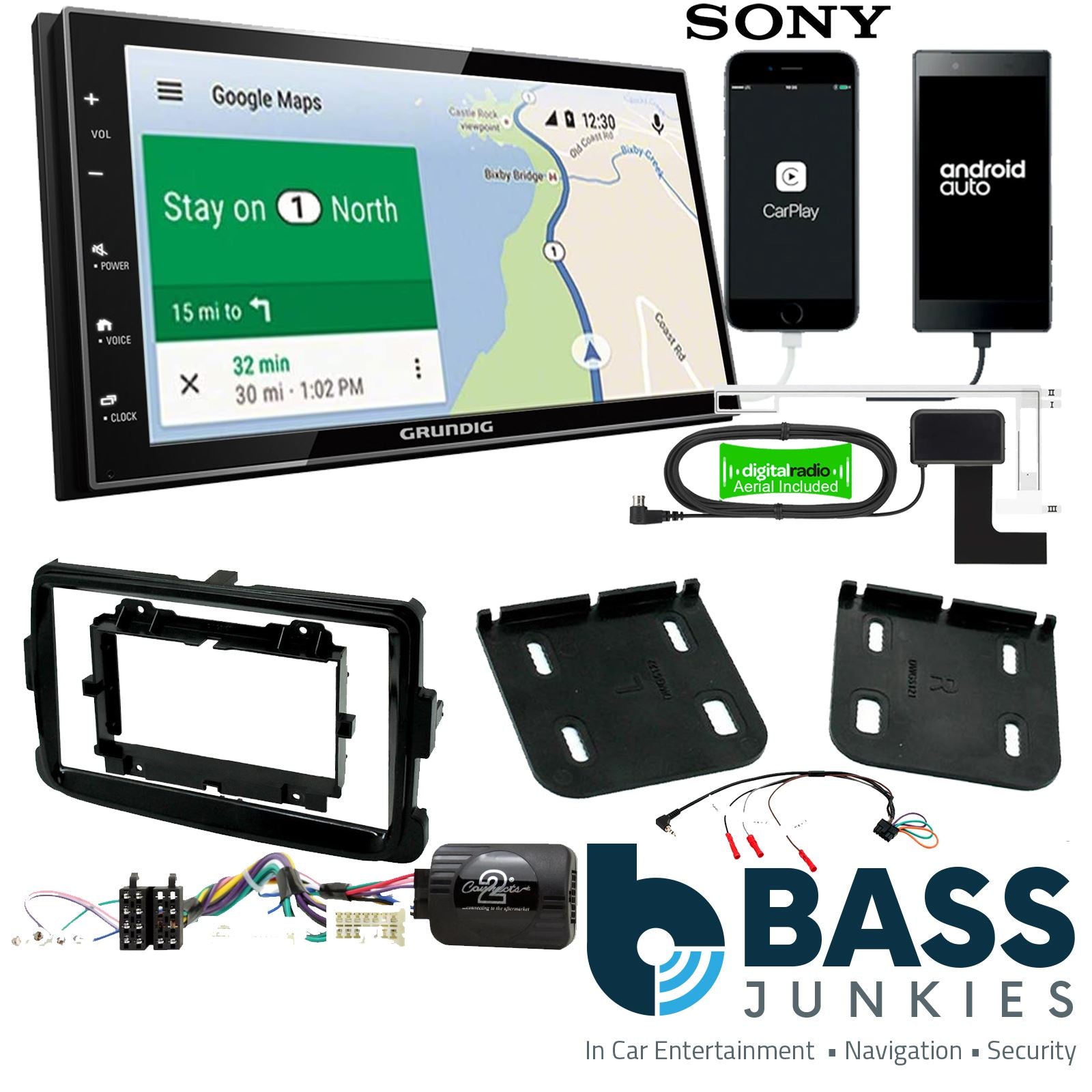 Grundig 6.8" Apple Android Double Din Stereo Fitting Kit + Steering Wheel Stalk Controls to fit Renault Captur 2013-17