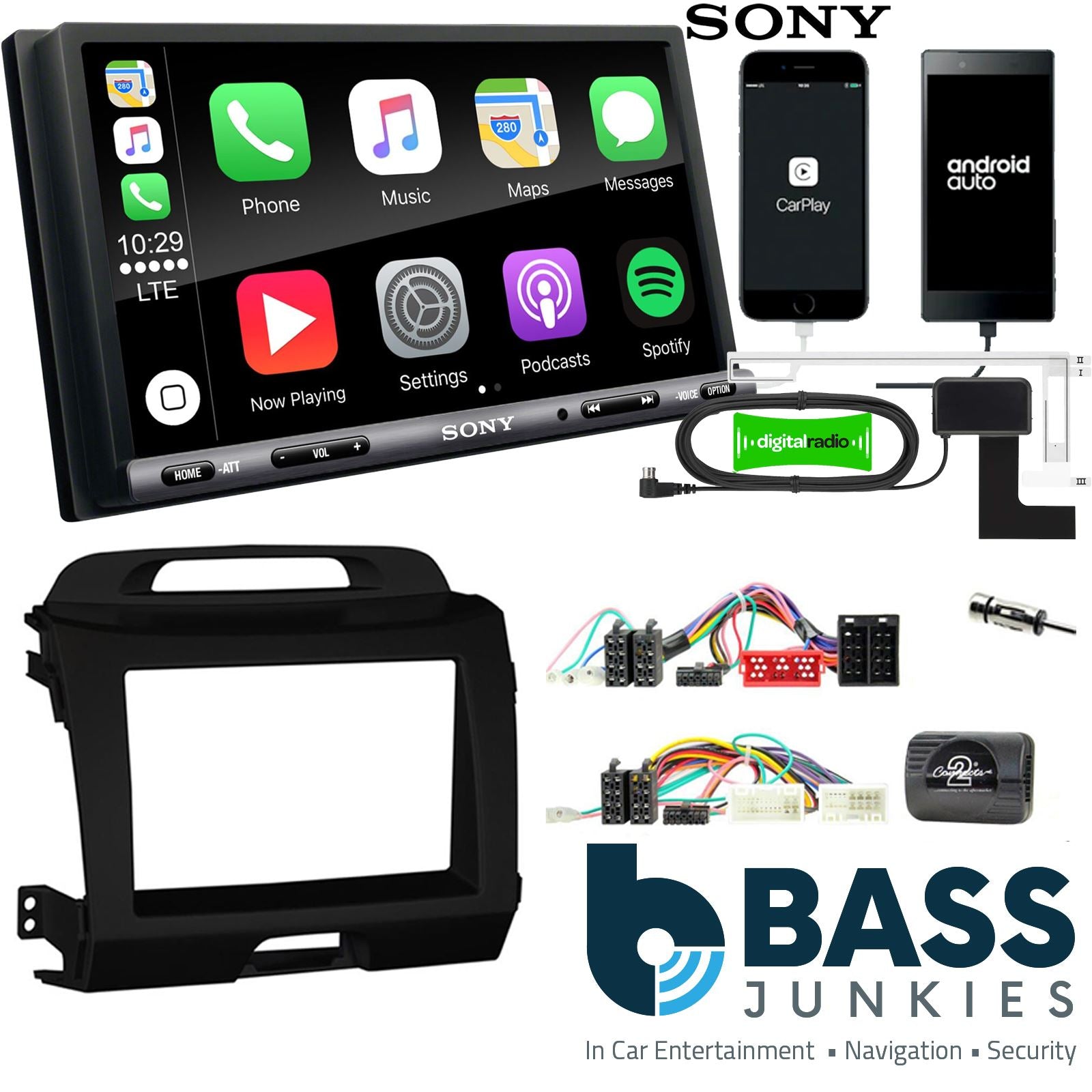SONY DAB+ Apple | Android Double Din Stereo Fitting Kit + Steering Wheel Stalk Controls to fit Kia Sportage 2011-15
