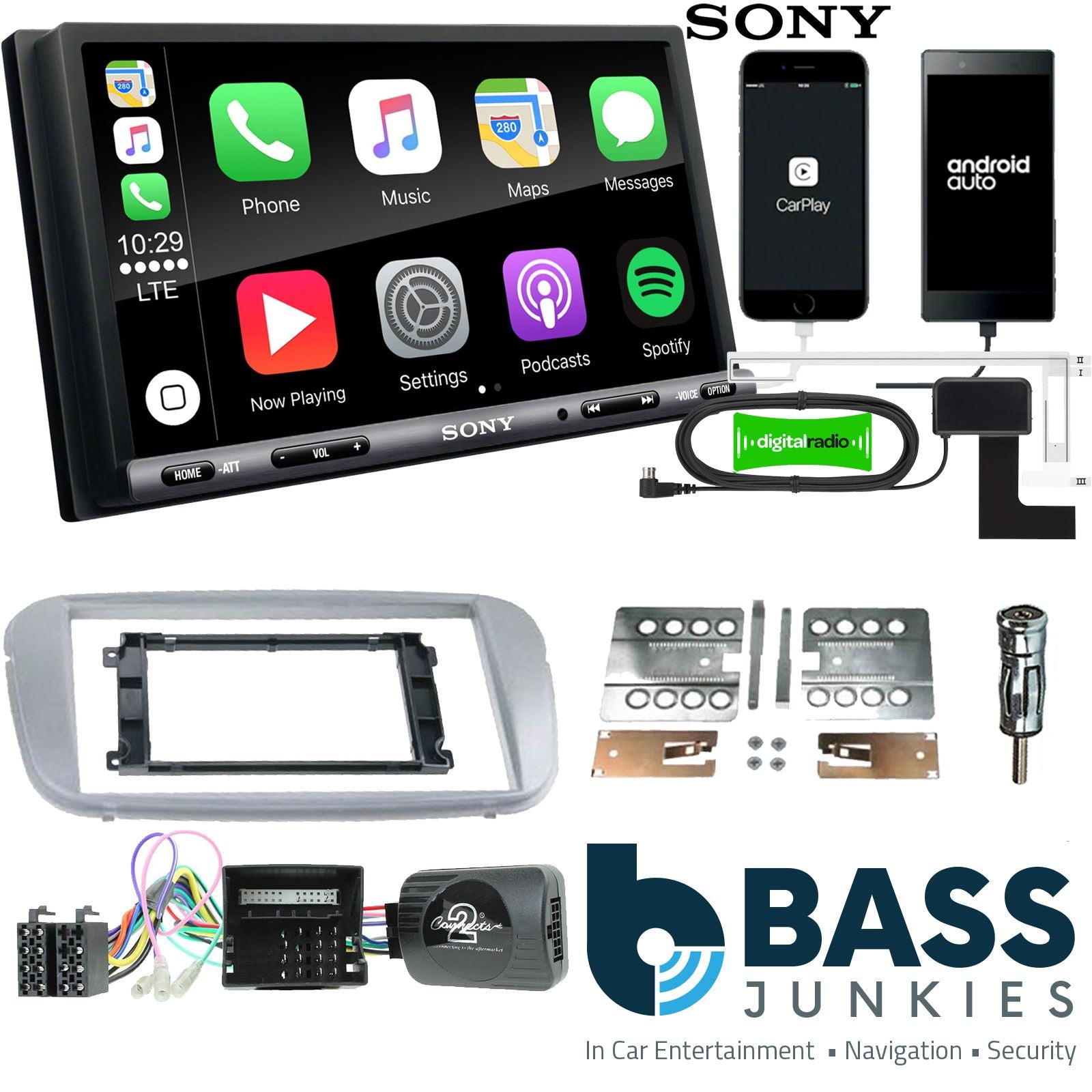 SONY DAB+ Apple | Android Double Din Stereo Fitting Kit + Steering Wheel Stalk Controls to fit Ford Focus 2007-11 | Ford Mondeo 2007-14
