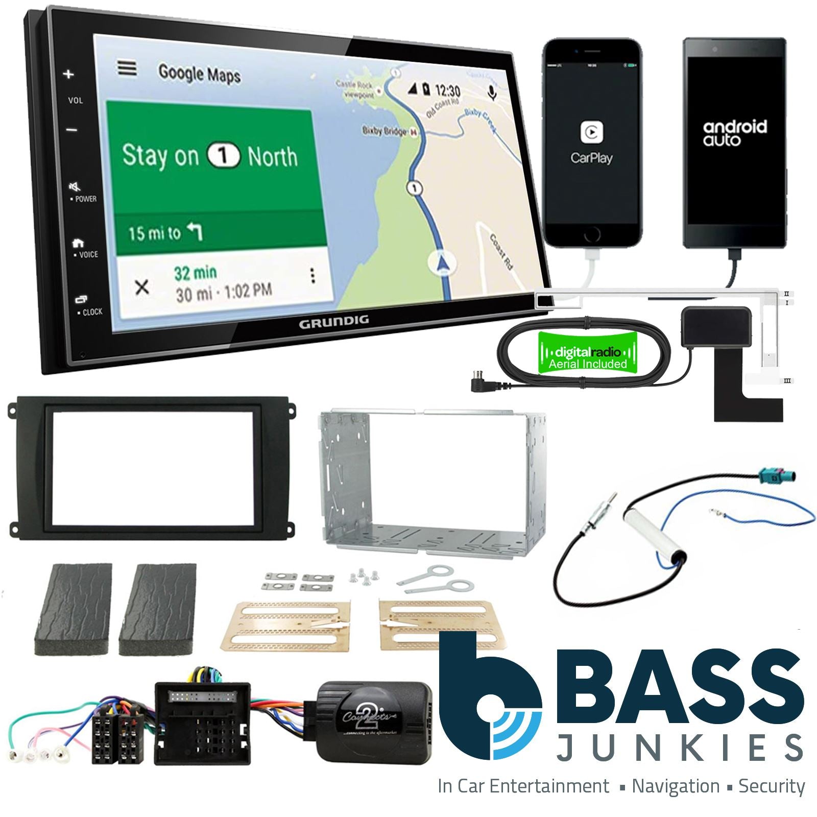 Grundig 6.8" Apple Android Double Din Stereo Fitting Kit + Steering Wheel Stalk Controls to fit Porsche Cayenne 2007-10