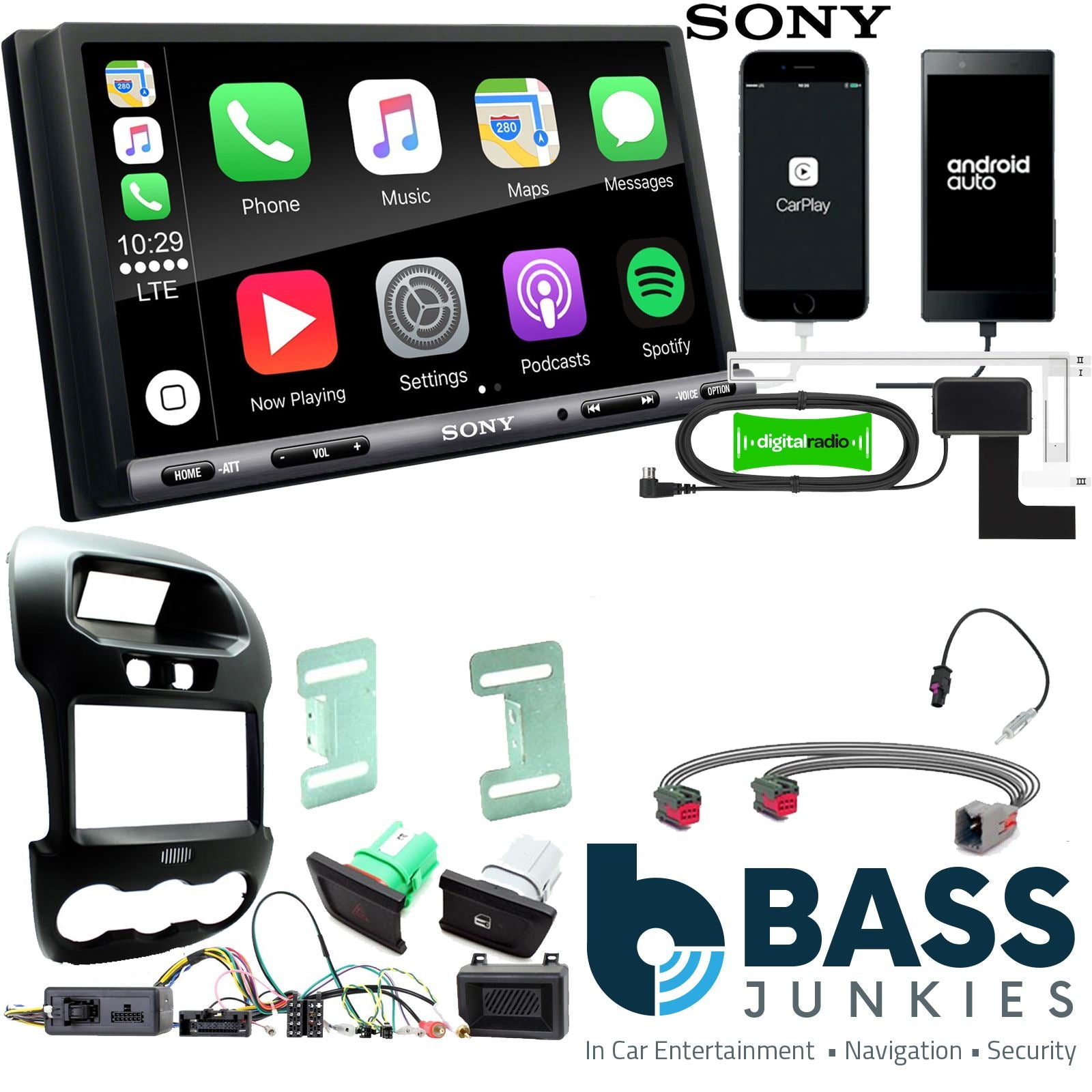 SONY DAB+ Apple | Android Double Din Stereo Fitting Kit + Steering Wheel Stalk Controls to fit Ford Ranger 2012-16
