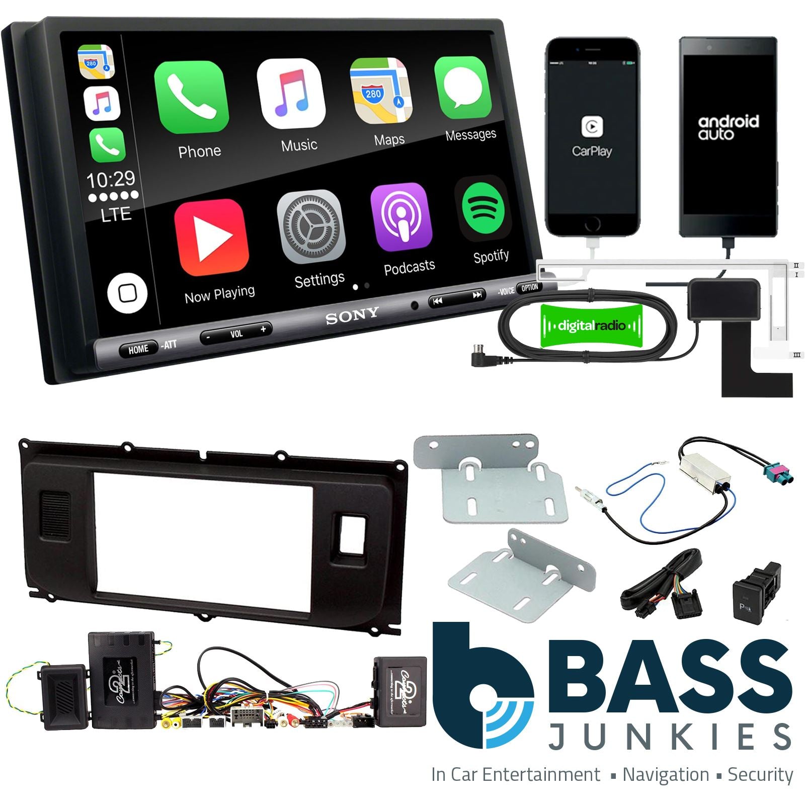 SONY DAB+ Apple | Android Double Din Stereo Fitting Kit + Steering Wheel Stalk Controls to fit Land Rover Evoque 11-14